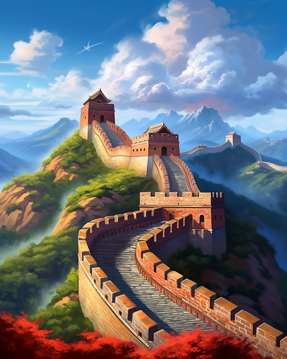 Fixed kit, 24 colors, 12x16in. Scenic view of Great Wall. Perfect for creativity and stress relief. BestPaintByNumbers.