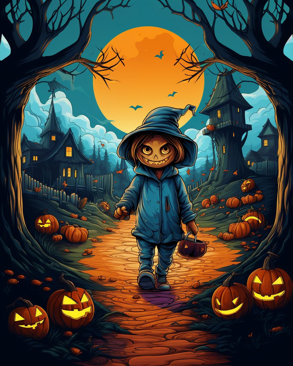 Halloween-themed fixed kit, 24 colors, 16x20in. Intricate design with pumpkins and full moon. Perfect for creative stress relief.