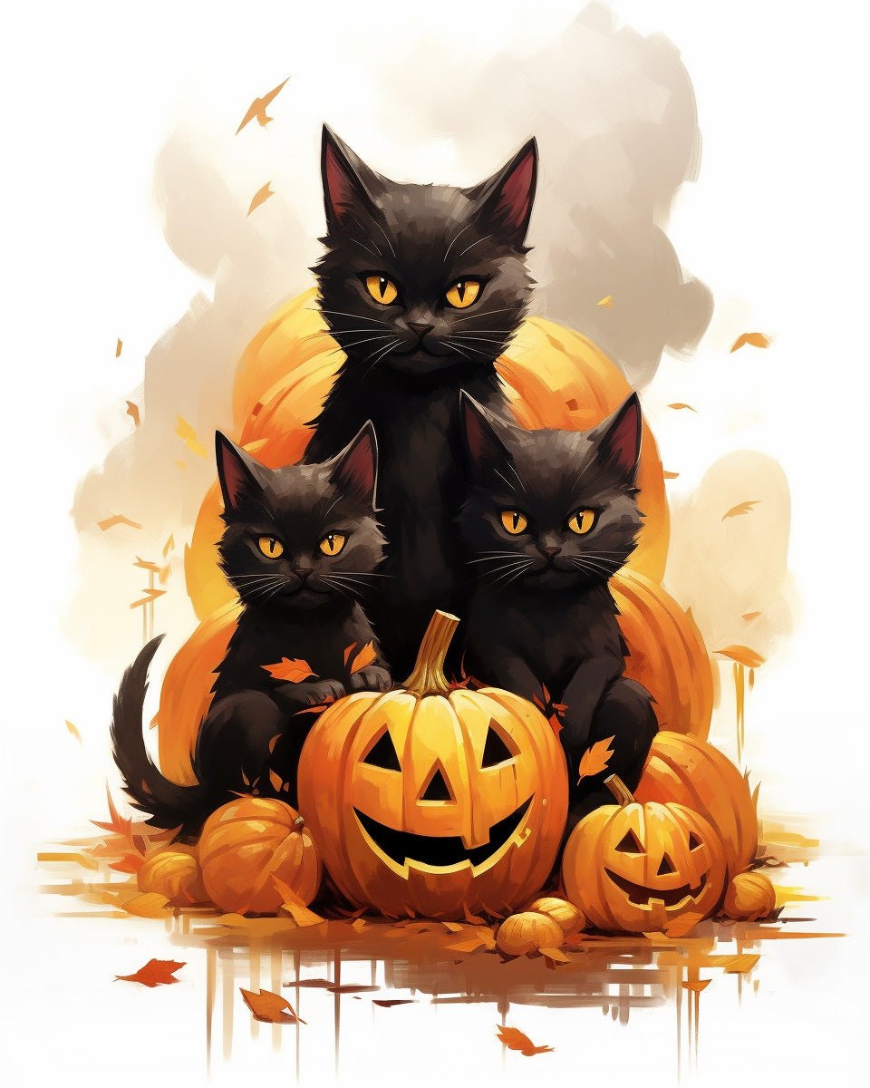 Fixed kit, 24 colors, 12x16in. Artistic Halloween cats with pumpkins. Perfect for relaxation and creative joy.
