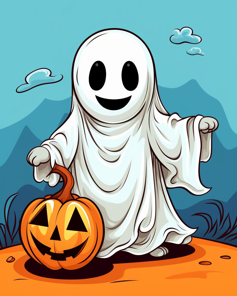 24 colors fixed kit, 12x16in. Happy ghost and pumpkin. Ideal for stress relief and festive creativity with BestPaintByNumbers.