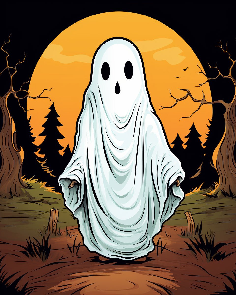 24-color fixed kit, 12x16in. Halloween ghost with intricate patterns. Ideal for stress relief and creativity.