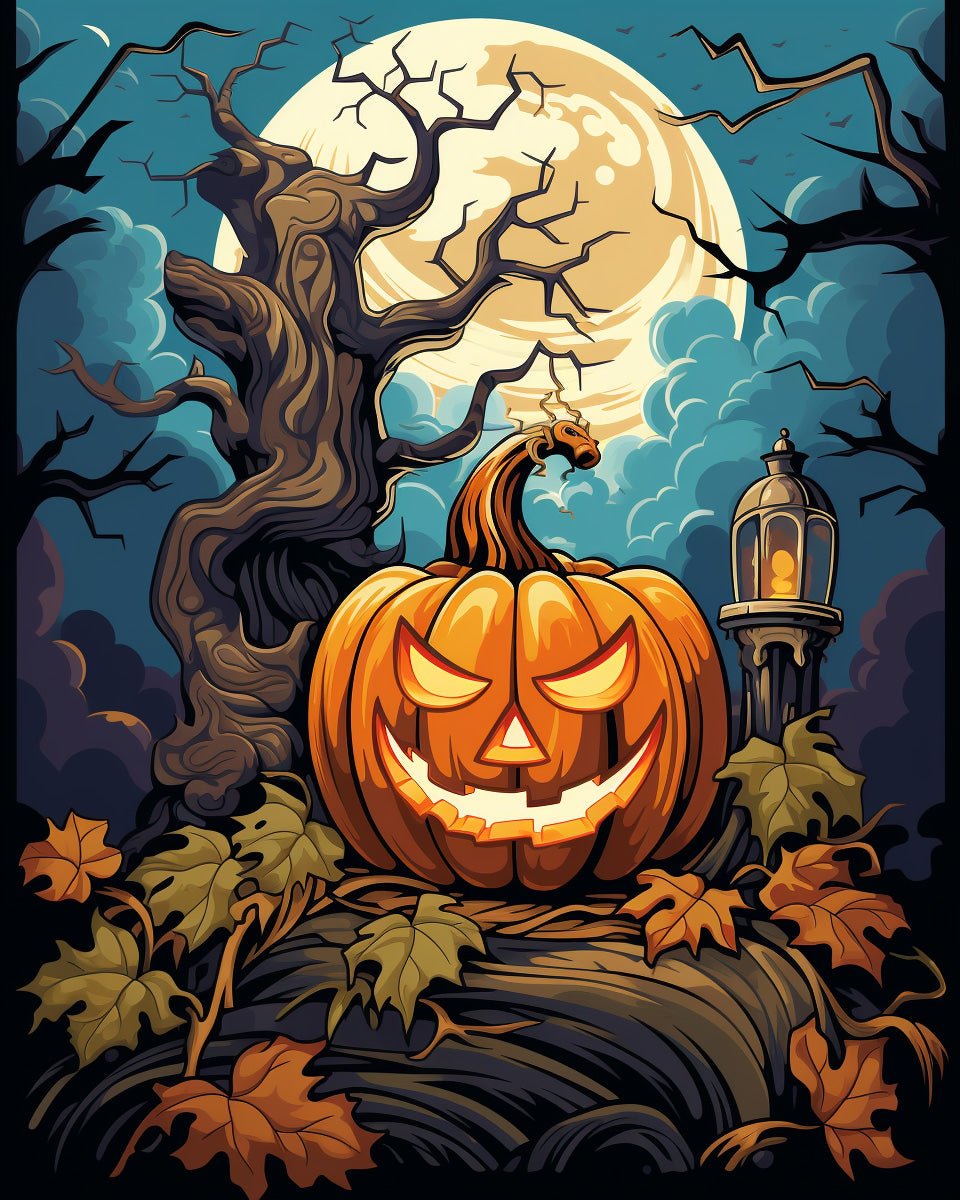 Fixed kit, 24 colors, 16x20in. Charming Halloween pumpkin with spooky tree and moon. Relaxing art for autumn.