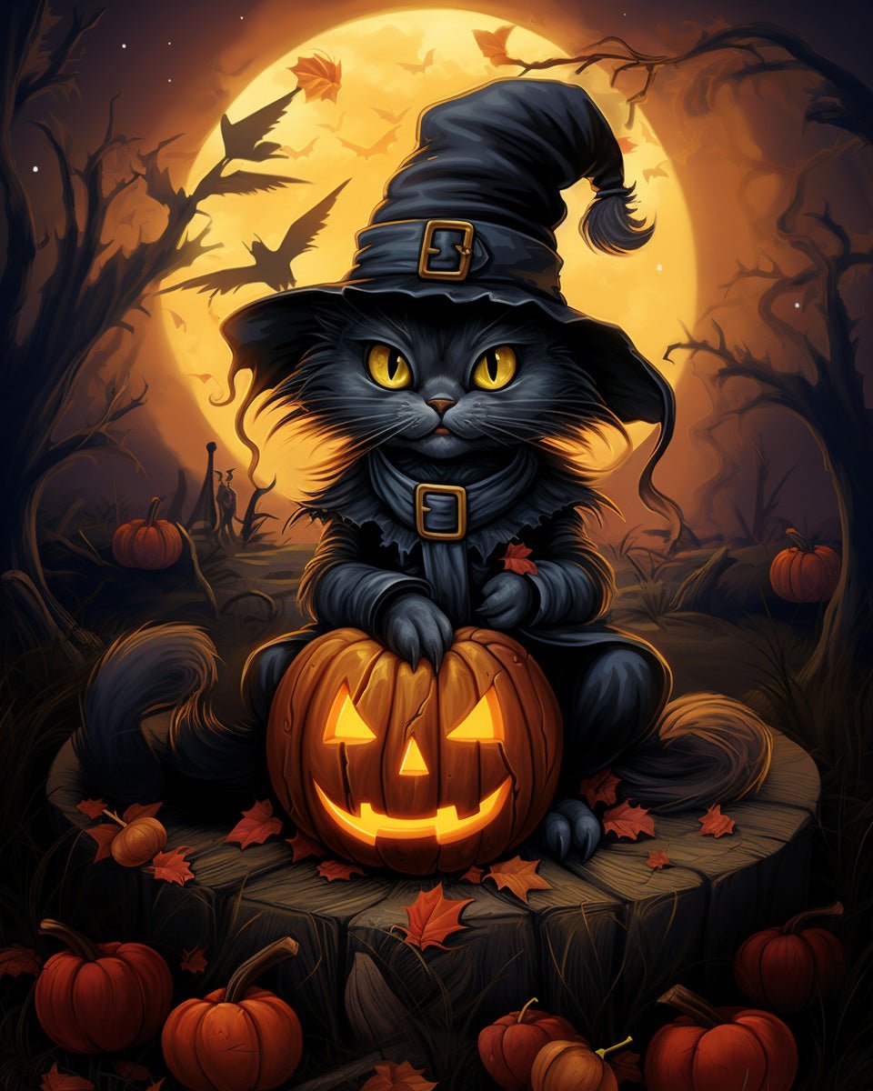 Fixed kit, 24 colors, 12x16in. Halloween witch cat and moon. Relax with a creative BestPaintByNumbers activity.