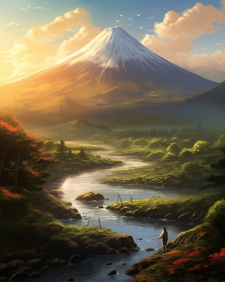 Fixed kit, 24 colors, 12x16in. Tranquil scene of Mount Fuji. Experience calmness and creativity with BestPaintByNumbers.
