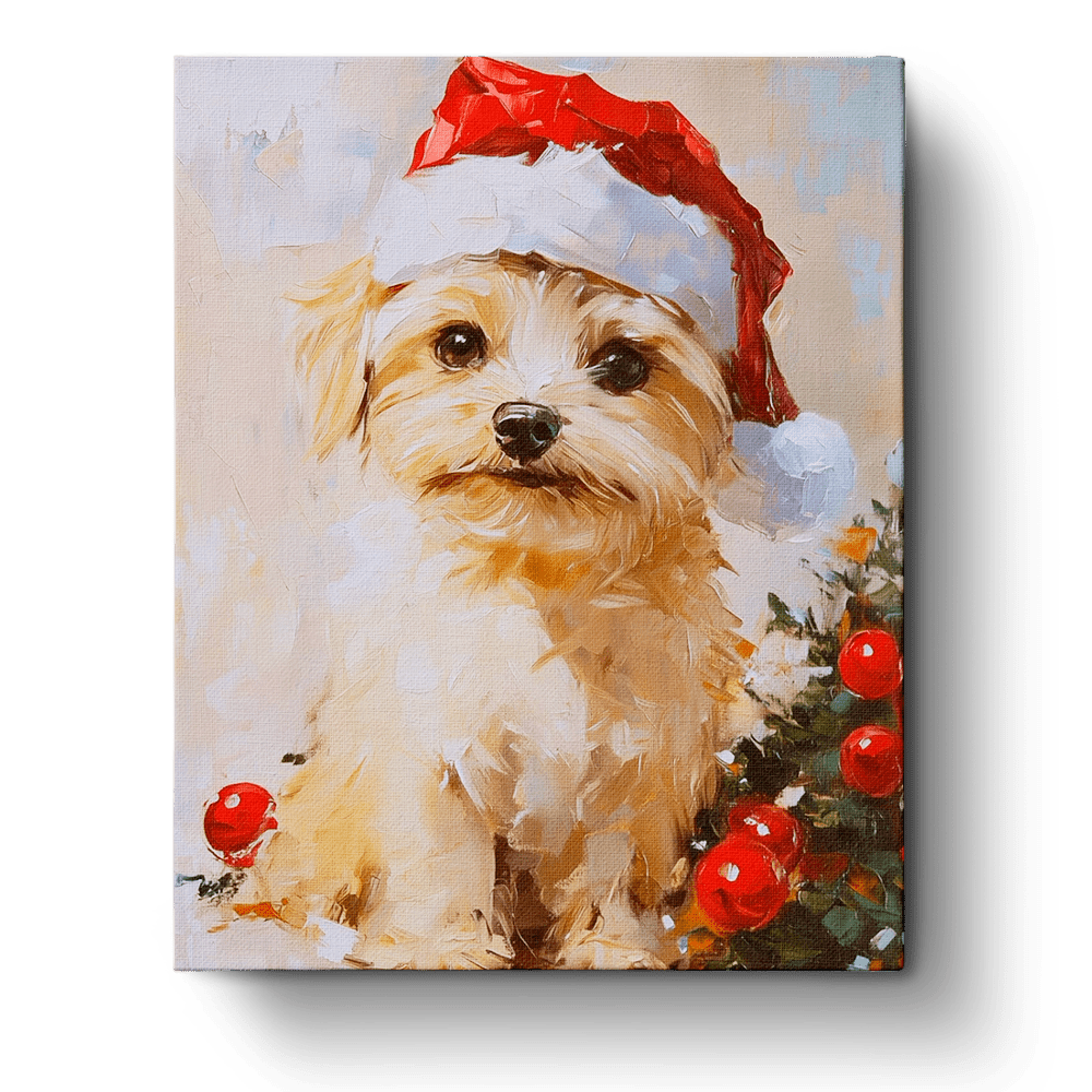 Adorable Puppy in Santa Hat - Christmas - BestPaintByNumbers - Paint by Numbers Custom Kit