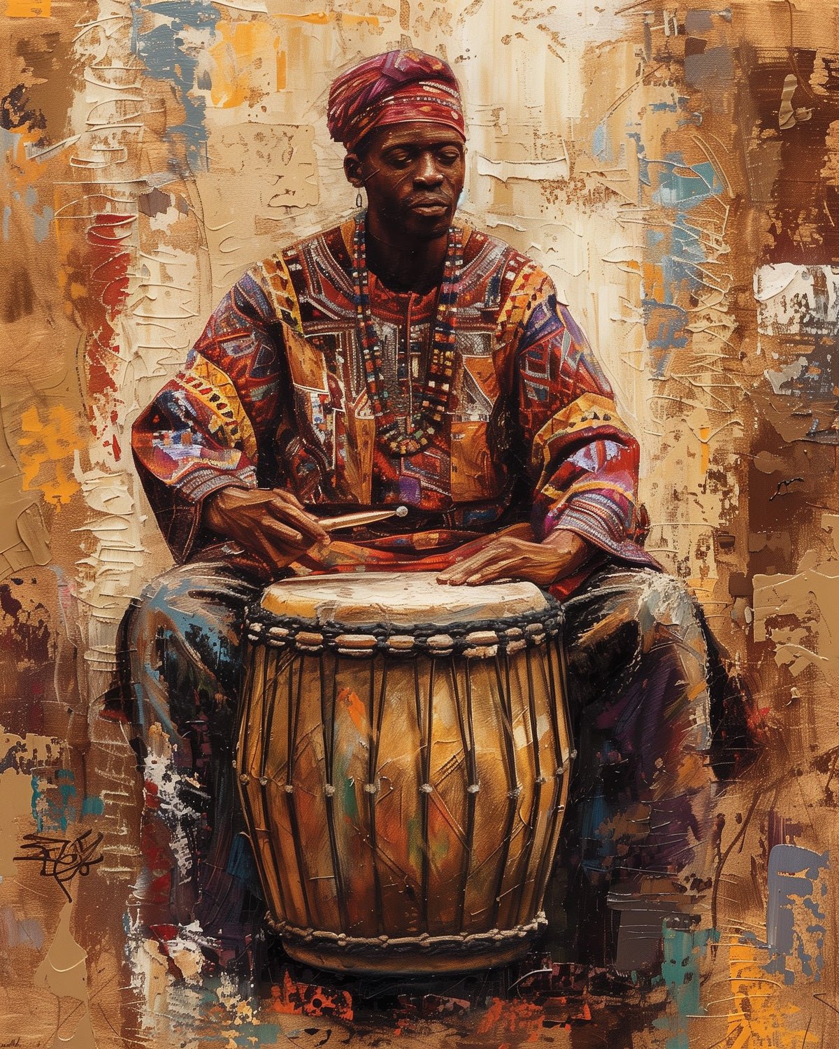 Fixed kit, 24 colors, 16x20in. Bold strokes of an African drummer. Enjoy a calming creative journey.