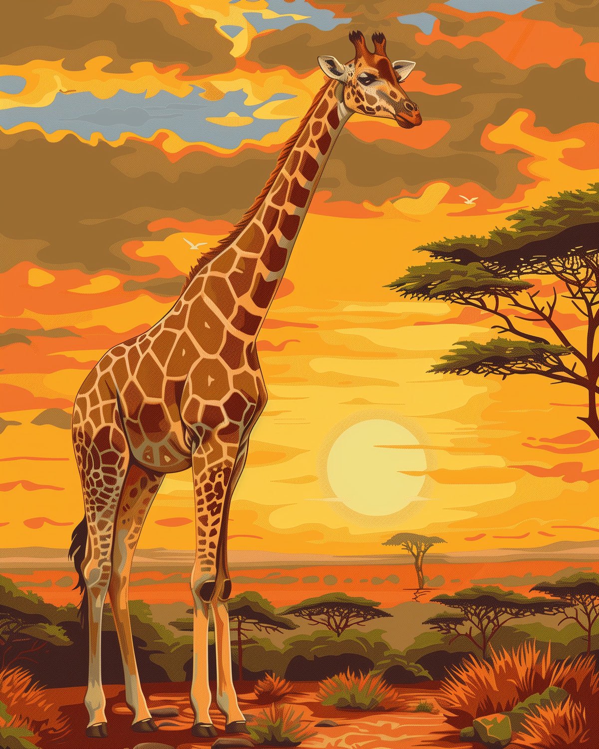 Fixed paint-by-number kit, giraffe under vibrant sky. 24 colors, 16x20in. Perfect for relaxation and artistic expression.