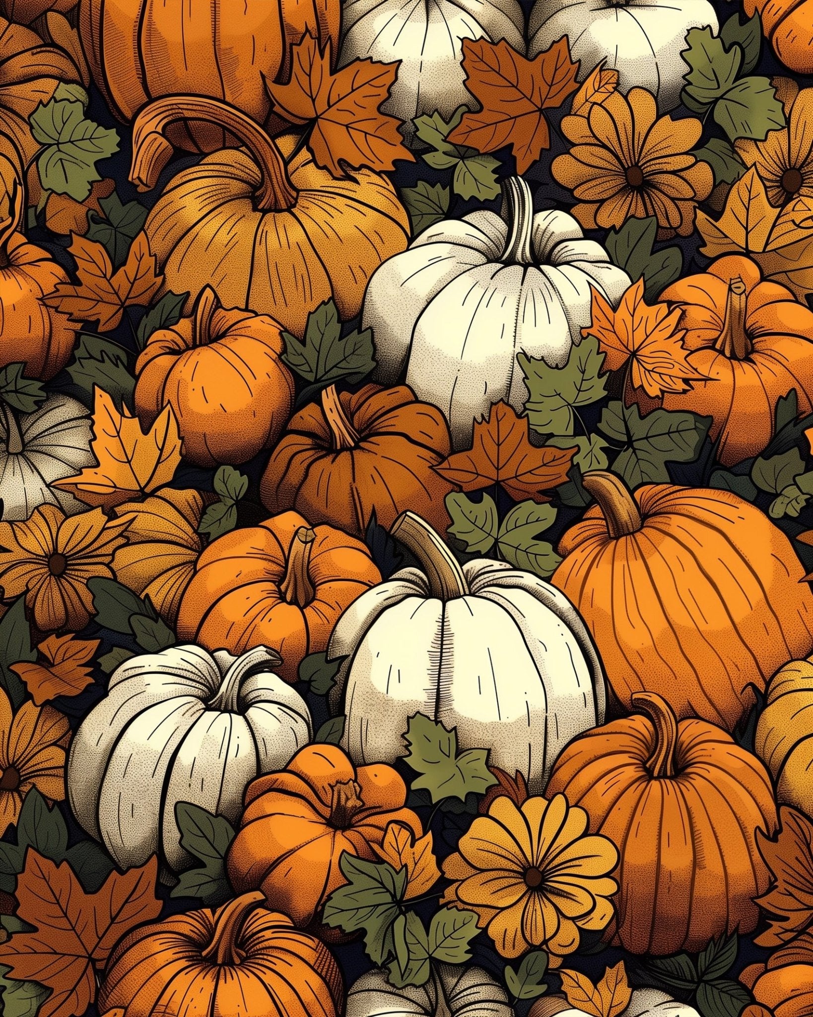 Fixed kit, 24 colors, 12x16in. Intricate pumpkins and leaves. Perfect for a mindful autumn painting session.