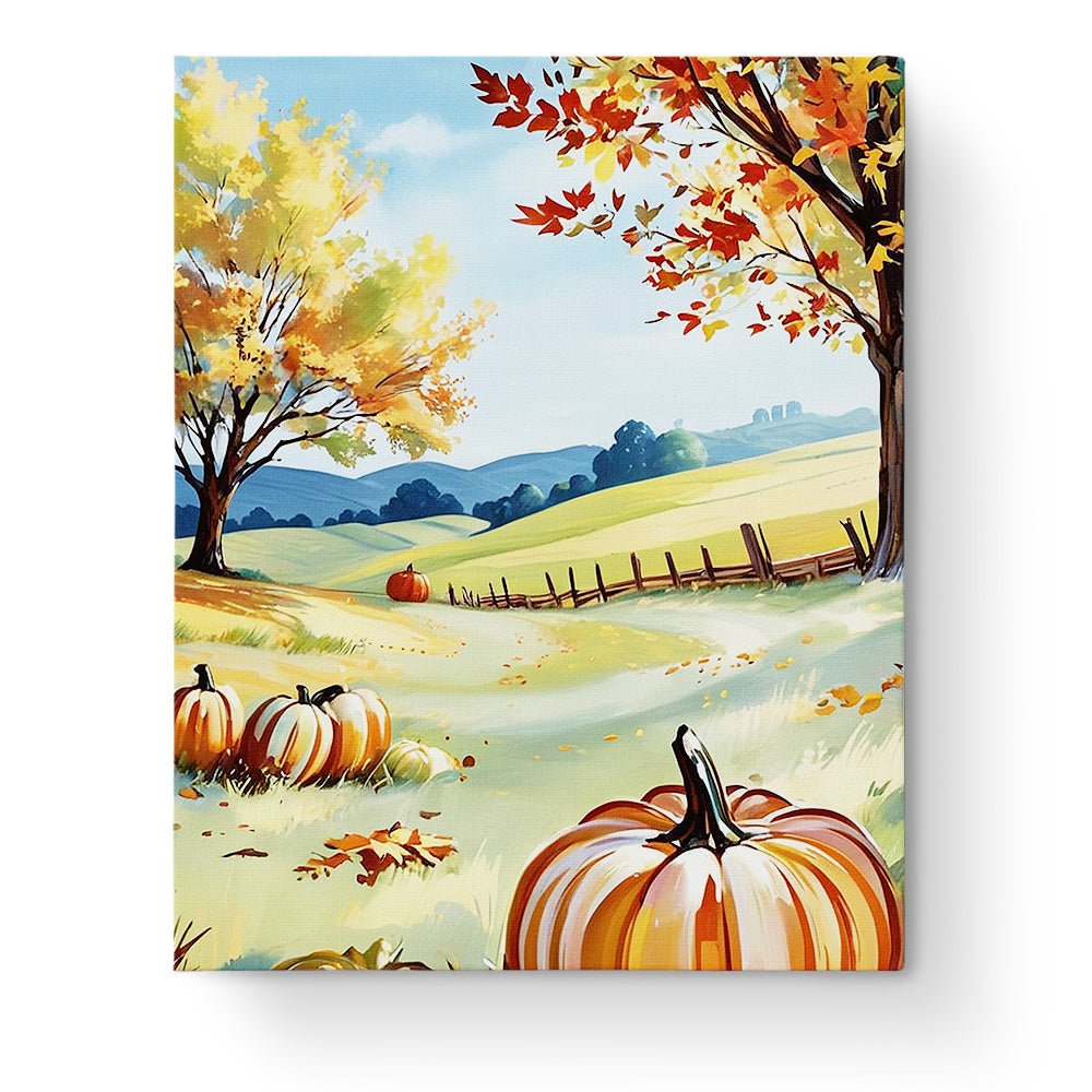 Fixed paint by numbers kit, 24 colors, 16x20in. Autumn landscape with pumpkins. Relaxing and creative activity.