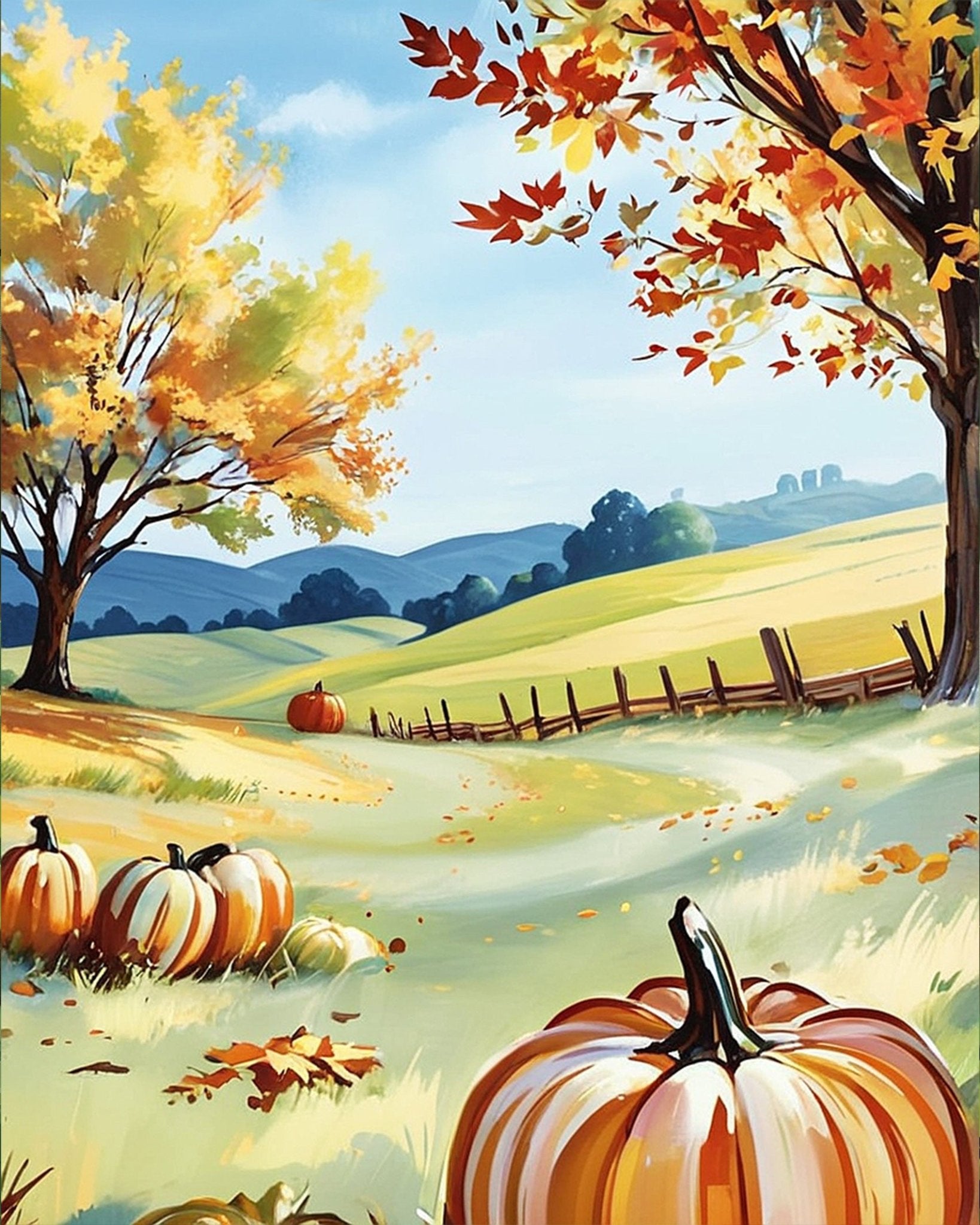 Fixed paint by numbers kit, 24 colors, 16x20in. Fall scene with leaves and pumpkins. Perfect for mindfulness and art lovers.