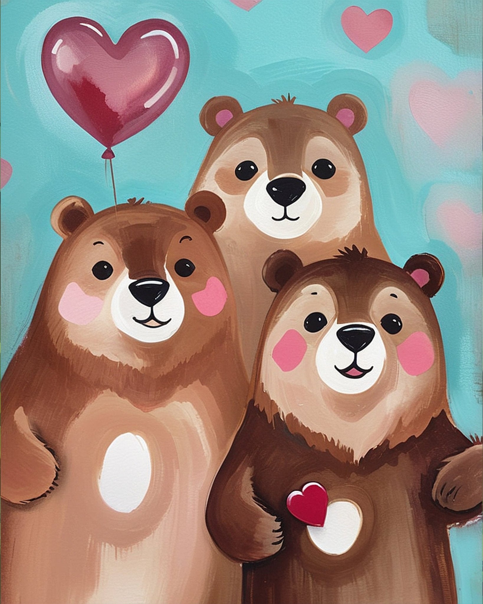 Fixed kit, 24 colors, 16x20in. Cheerful bear trio with hearts. Ideal for kids' creativity and stress relief.