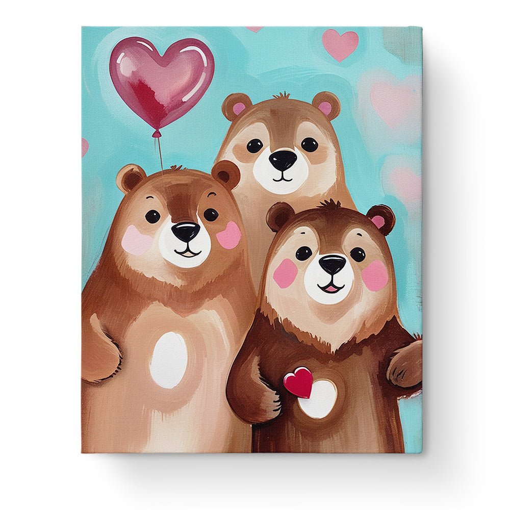 Fixed paint by numbers kit, 24 colors, 12x16in. Cute bears with heart balloons. Fun and relaxing for kids.