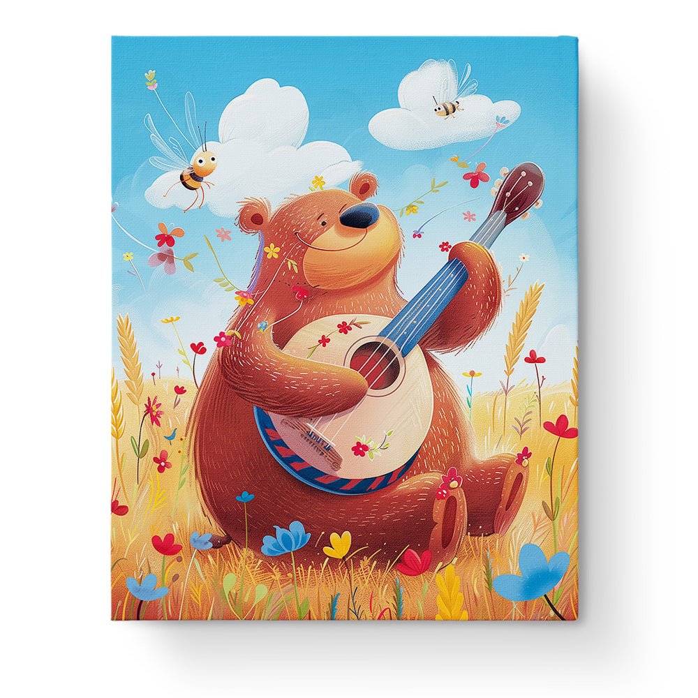 Fixed paint by numbers kit, 24 colors, 16x20in. Bear playing banjo in a colorful field. Perfect for mindful relaxation.