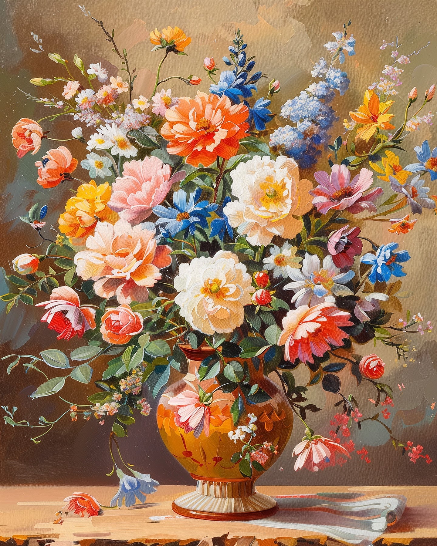 Fixed kit, 24 colors, 12x16in. Intricate flower arrangement in vibrant hues. Ideal for stress relief and creativity.