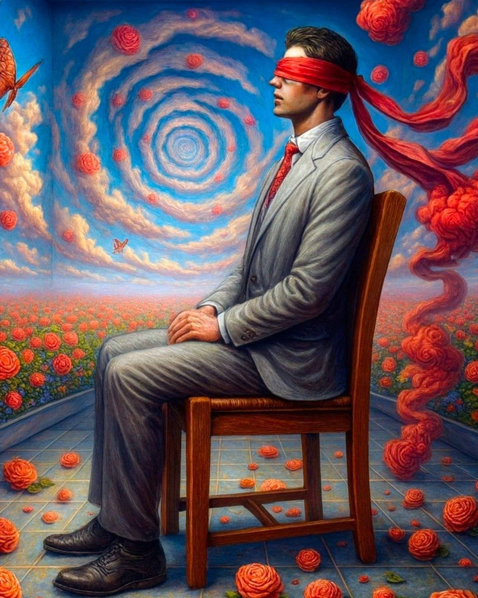 Blindfolded Visionary with Roses - Surrealism - BestPaintByNumbers - Paint by Numbers Custom Kit