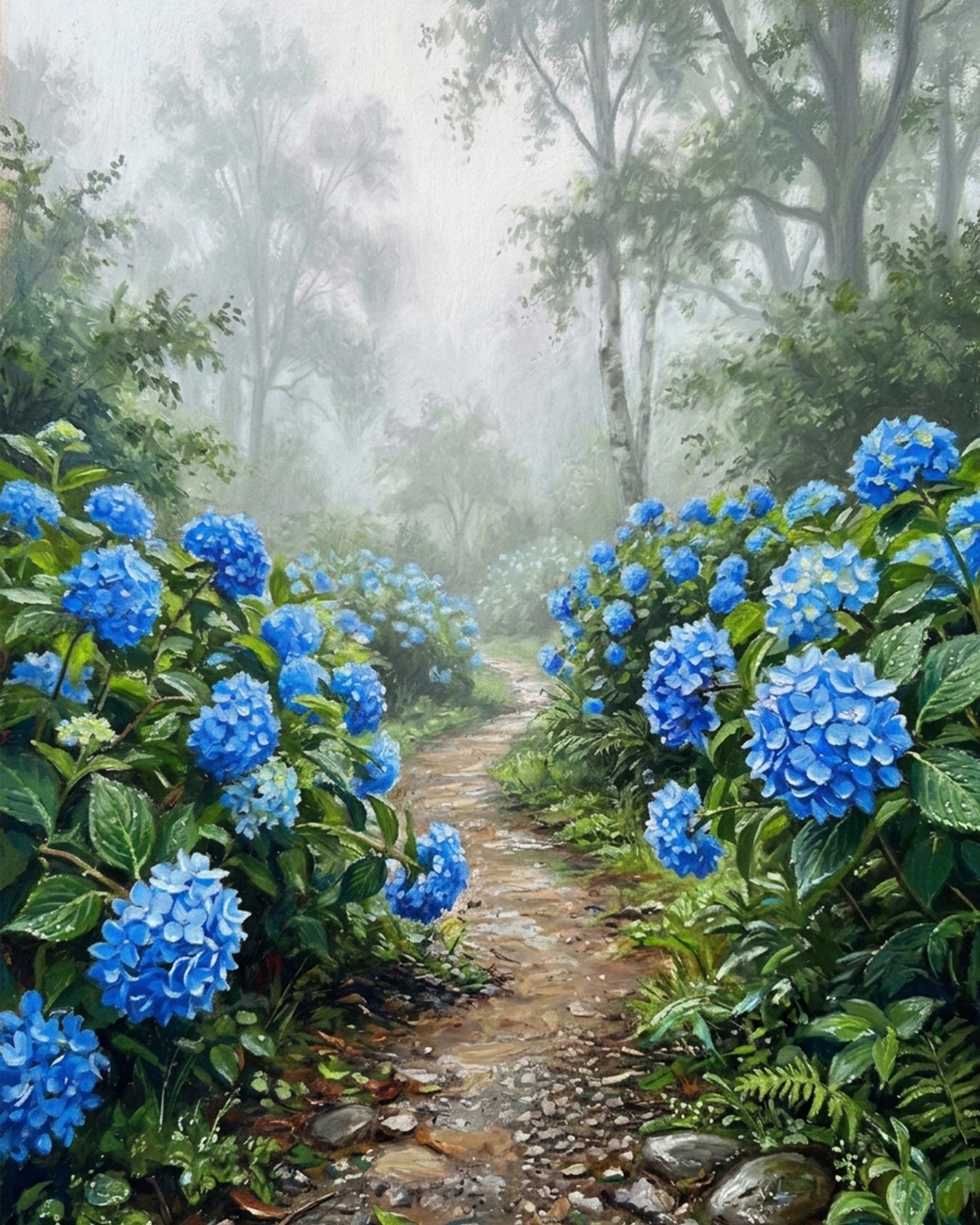 Blue Hydrangea Pathway - Flowers - BestPaintByNumbers - Paint by Numbers Custom Kit