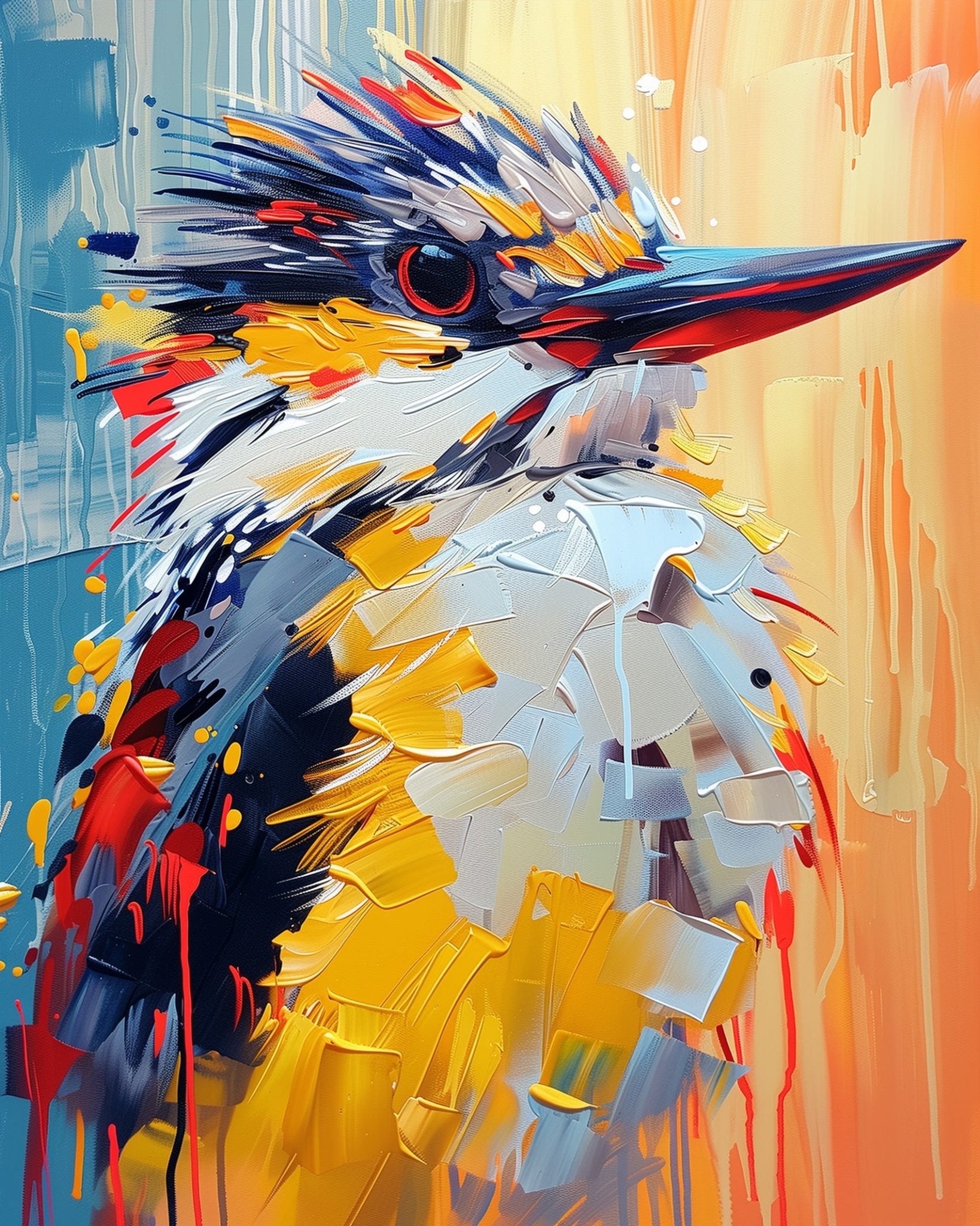 Fixed kit, 24 colors, 16x20in. Colorful kingfisher in abstract style. Ideal for artistic stress relief.