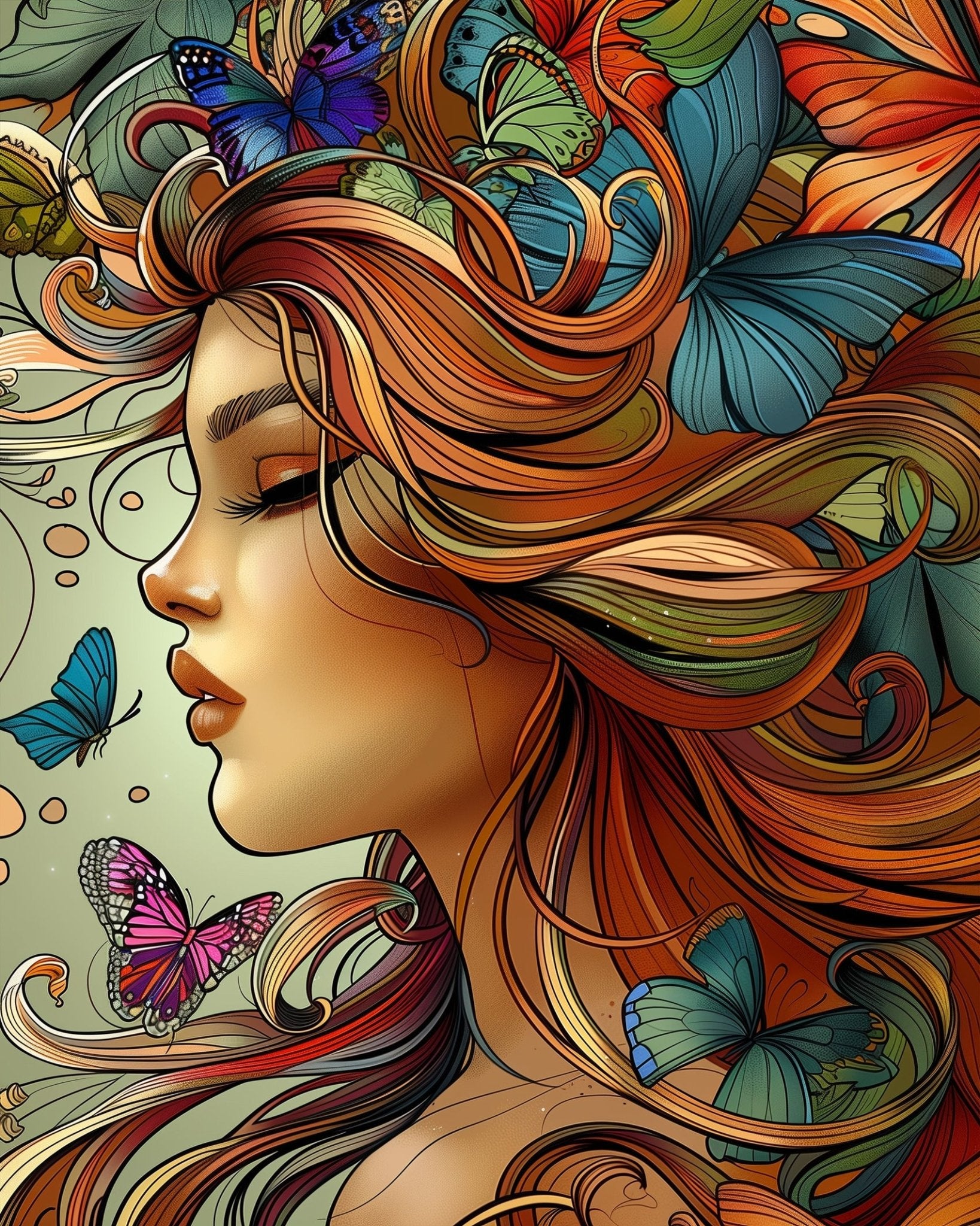 Fixed kit, 24 colors, 16x20in. Portrait with intricate butterflies. Perfect for relaxation and creativity with BestPaintByNumbers.