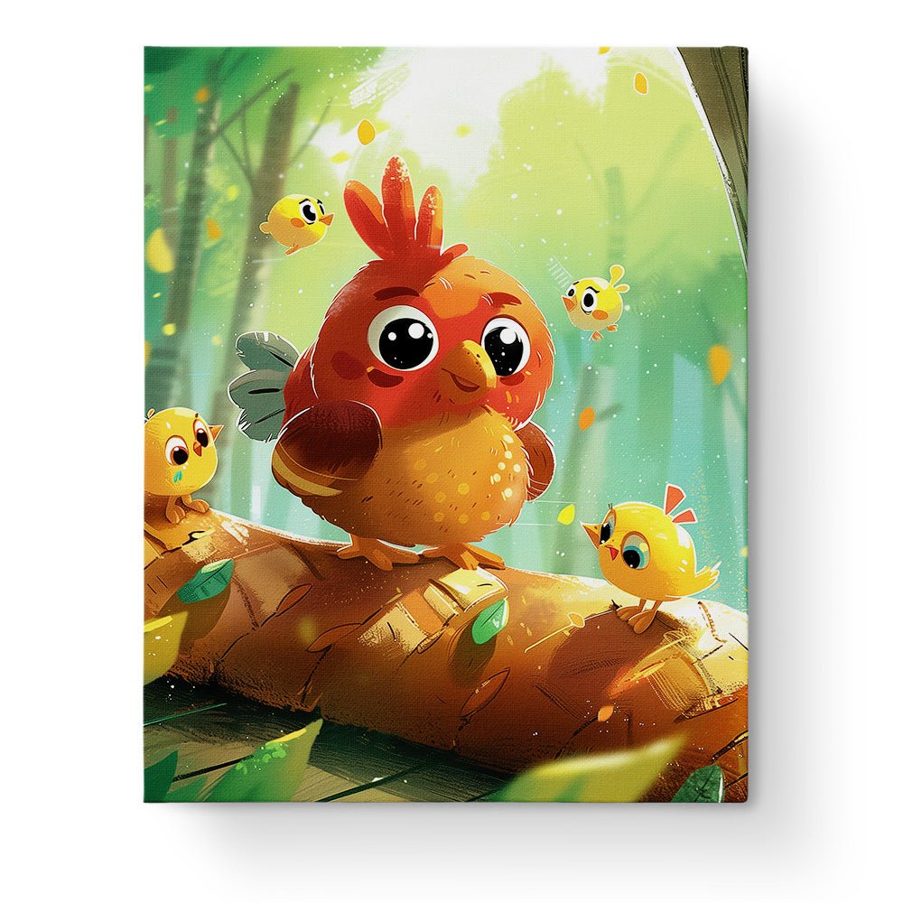 Fixed paint by numbers kit, 24 colors. Cute chicks in a forest. A joyful and relaxing activity for kids.