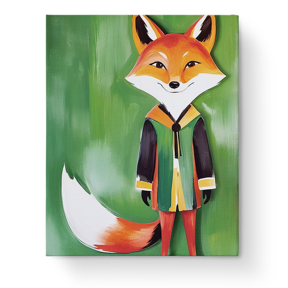 Fixed paint by numbers kit, 24 colors. Cheerful fox in green coat. Fun and calming art for children.