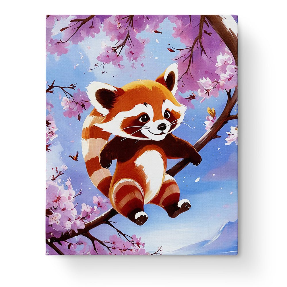 Fixed paint by numbers kit, 24 colors, 16x20in. Charming red panda with cherry blossoms for a joyful art session.