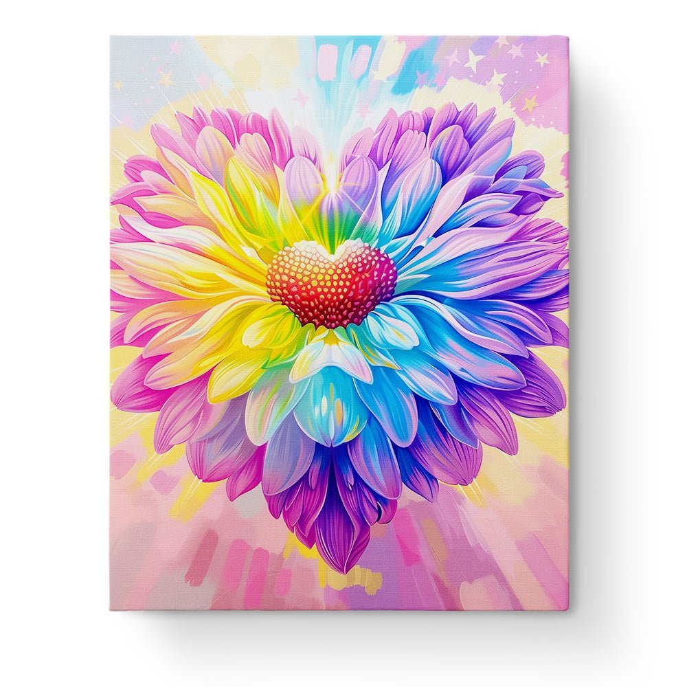 Fixed kit, 24 colors, 16x20in. Heart-shaped chrysanthemum in vibrant hues. Meditative and stress-relieving art.