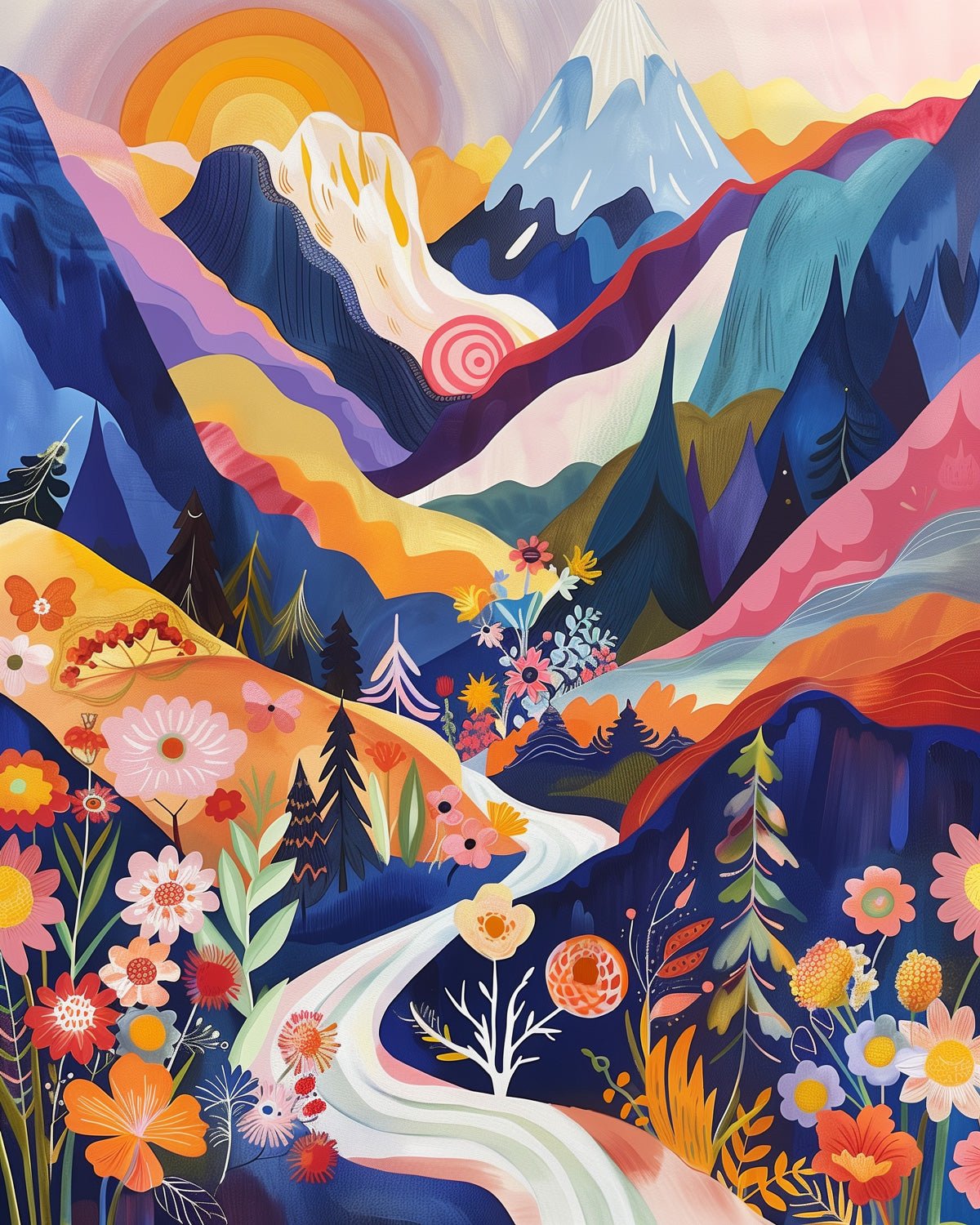 Fixed paint by numbers kit, 24 colors, 16x20in. Colorful mountain scene with intricate floral patterns. Creative relaxation.