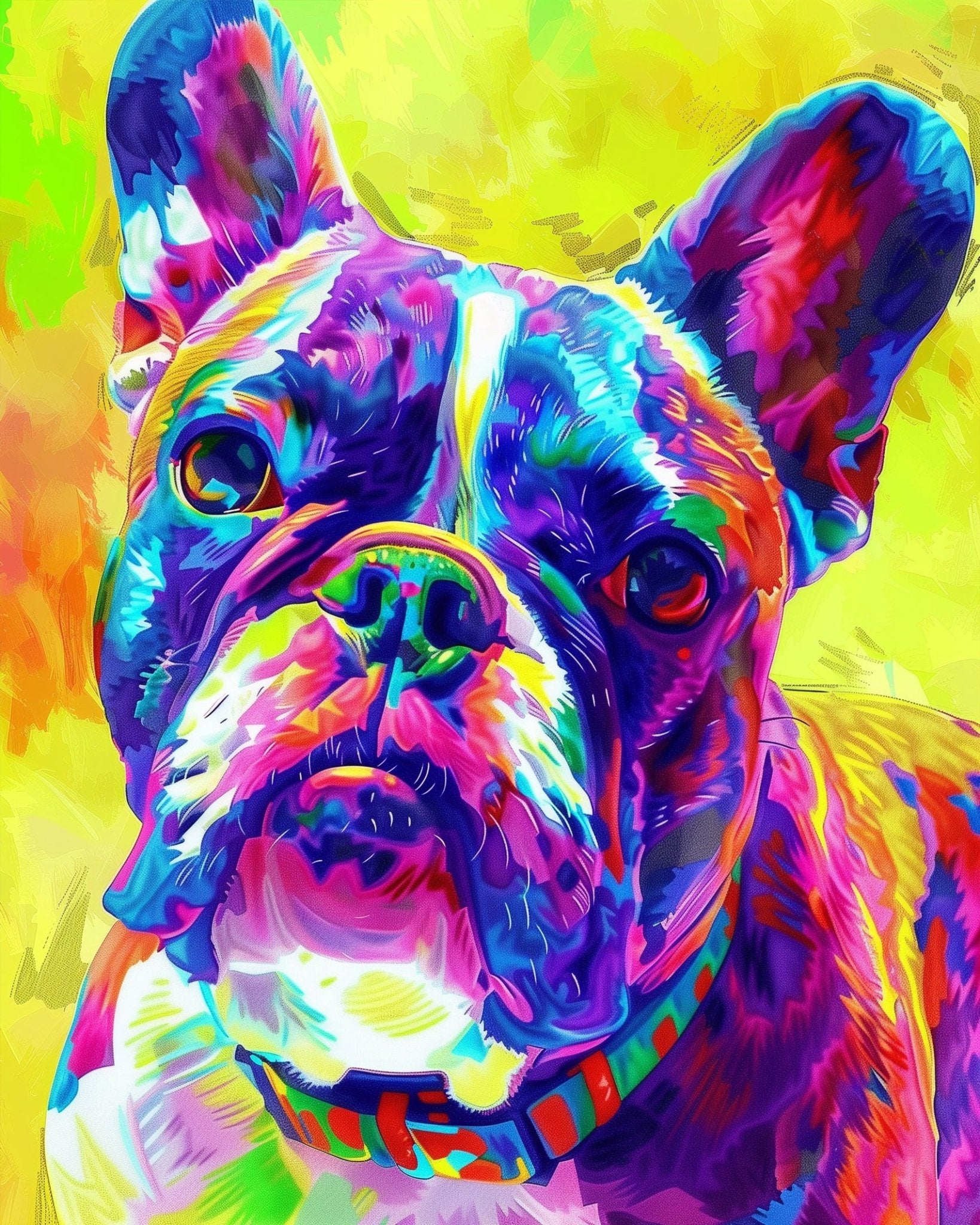 Fixed paint by numbers kit, 16x20in. Bold, colorful bulldog art. Perfect for stress relief and artistic fun. BestPaintByNumbers.