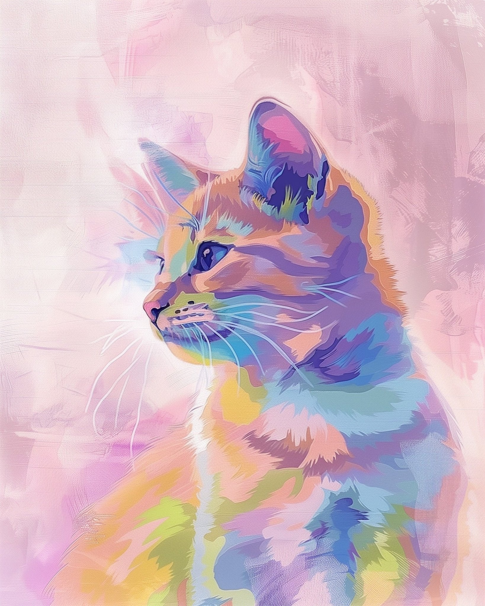 Fixed kit, 24 colors, 16x20in. Colorful cat portrait with bold strokes offers a mindful painting experience.