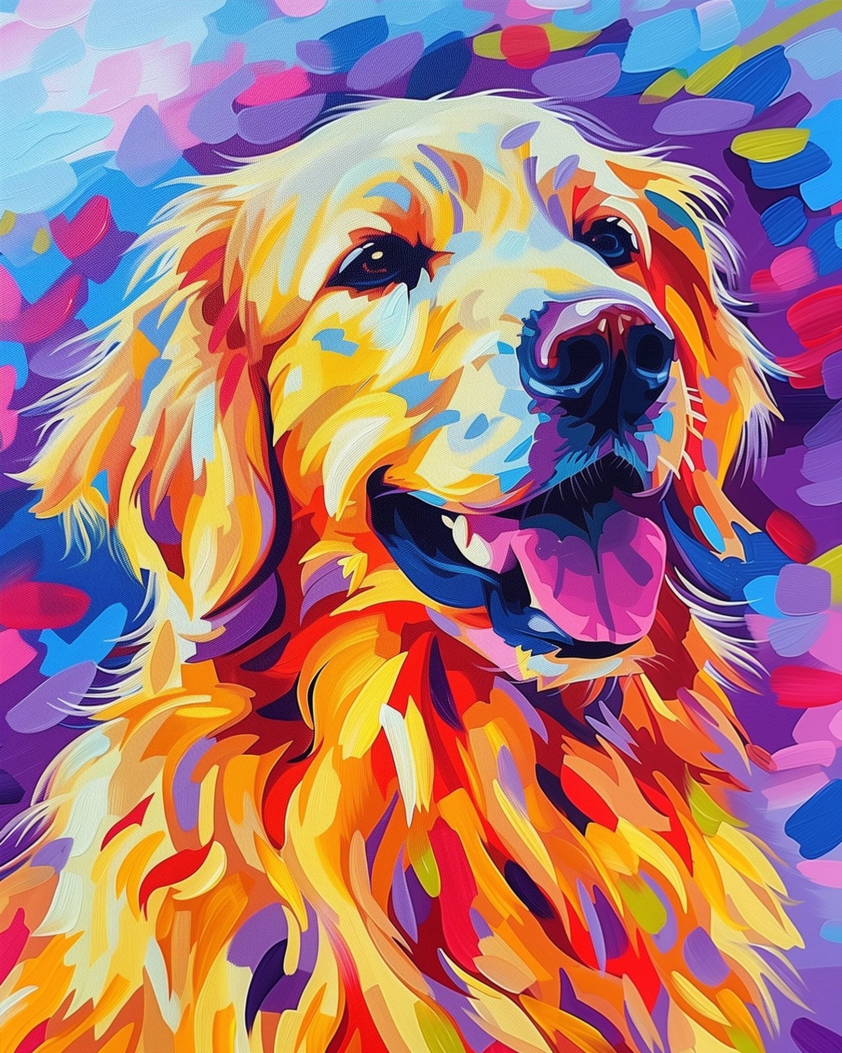 Paint by numbers kit, 24 colors, 12x16in. Lively dog portrait in energetic hues. Ideal for art therapy and relaxation.