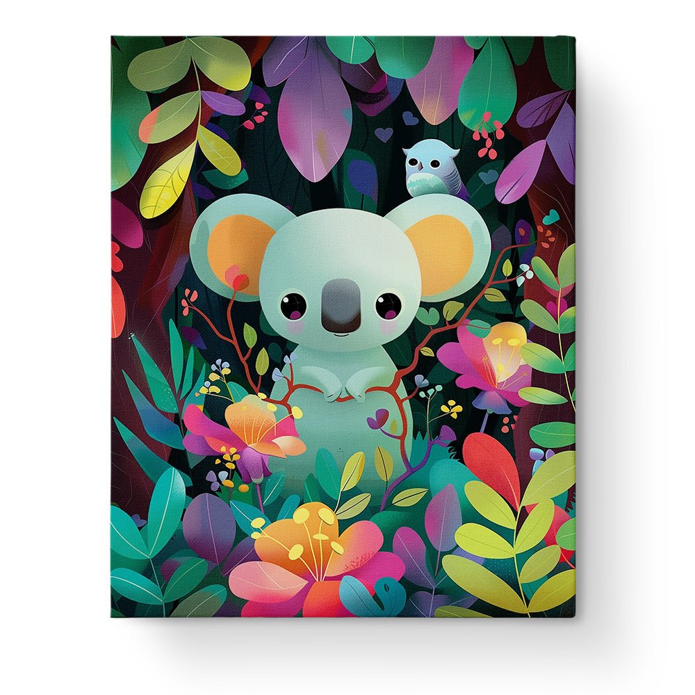 Fixed paint by numbers kit, 24 colors, 16x20in. Cute koala in vibrant forest. A mindful and fun activity for kids.