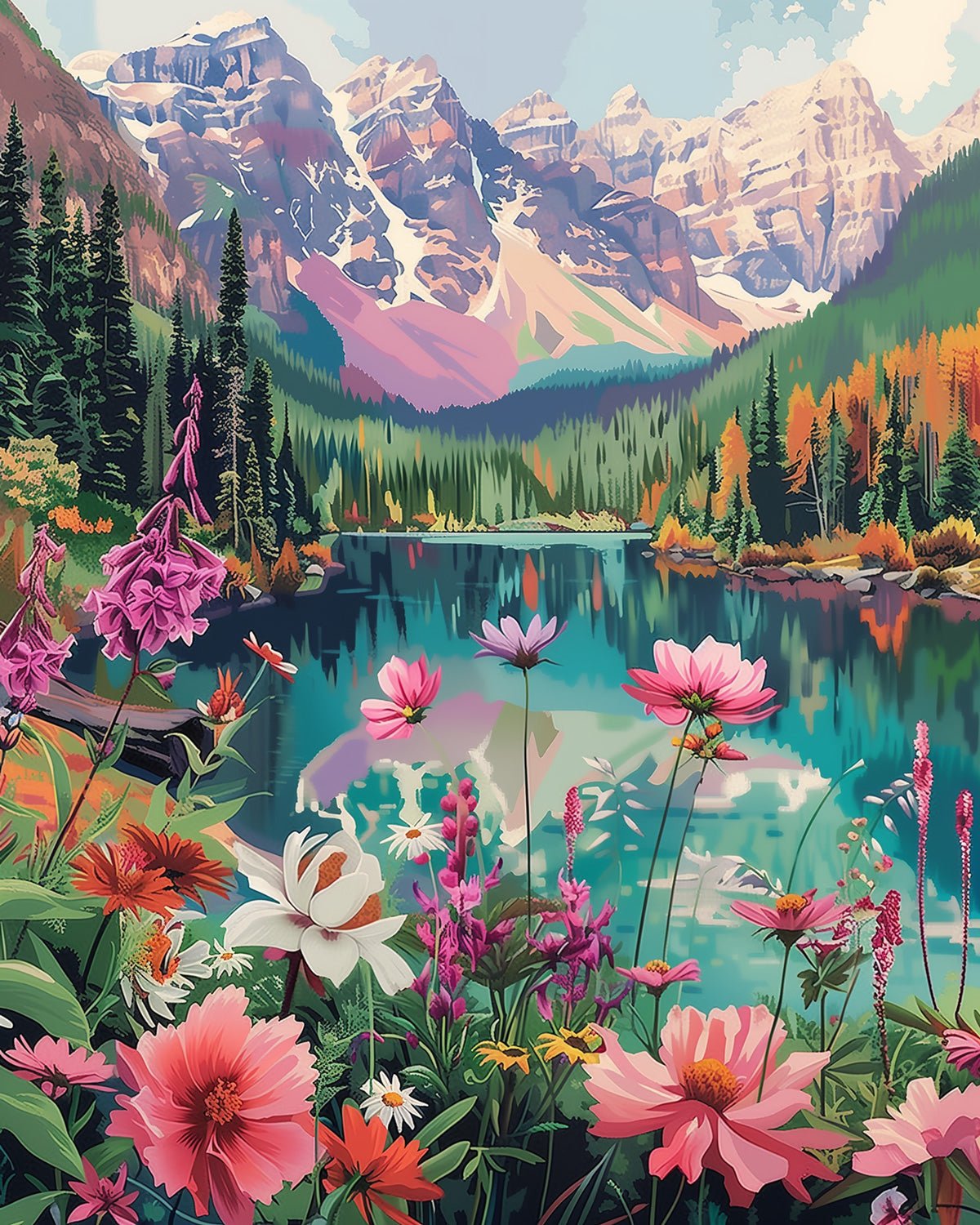 Fixed paint-by-number kit, 24 colors, 12x16in. Vibrant flowers and serene lake. A mindful painting experience.