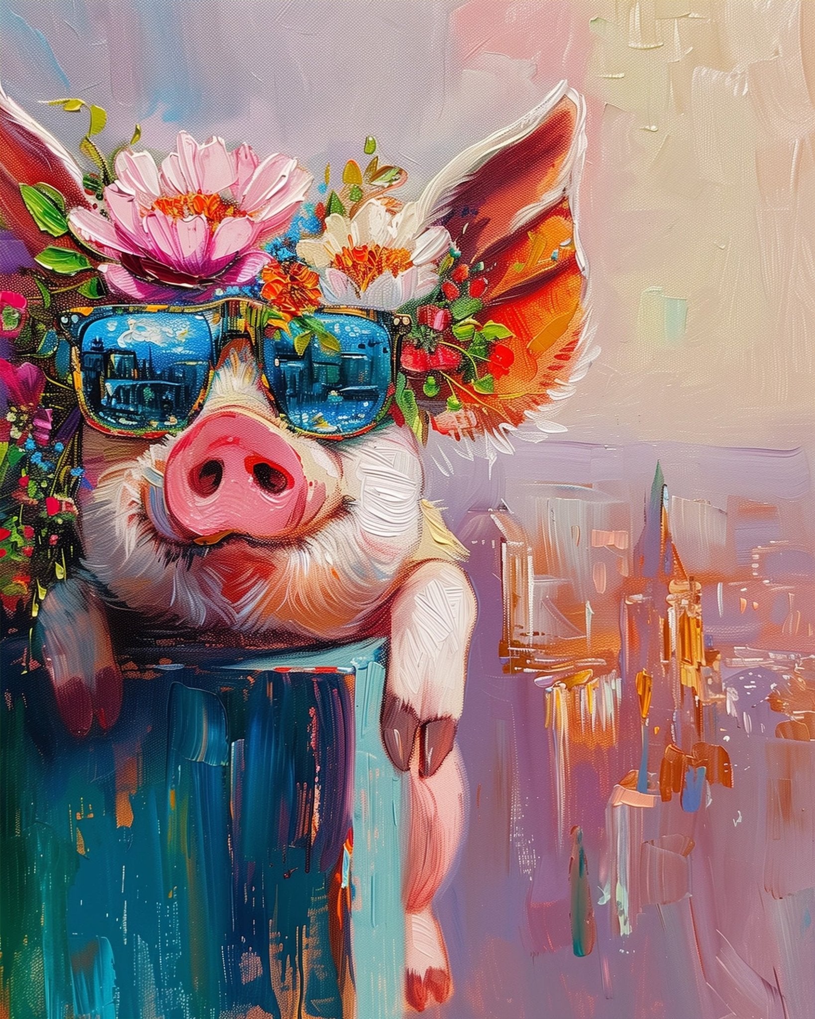 Fixed kit, 24 colors, 16x20in. Pig wearing sunglasses and flowers. Promotes relaxation and creative joy.