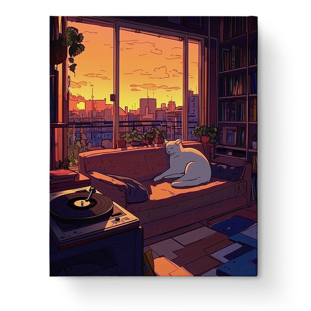 Cozy Cat at Sunset - Lo - Fi - BestPaintByNumbers - Paint by Numbers Custom Kit