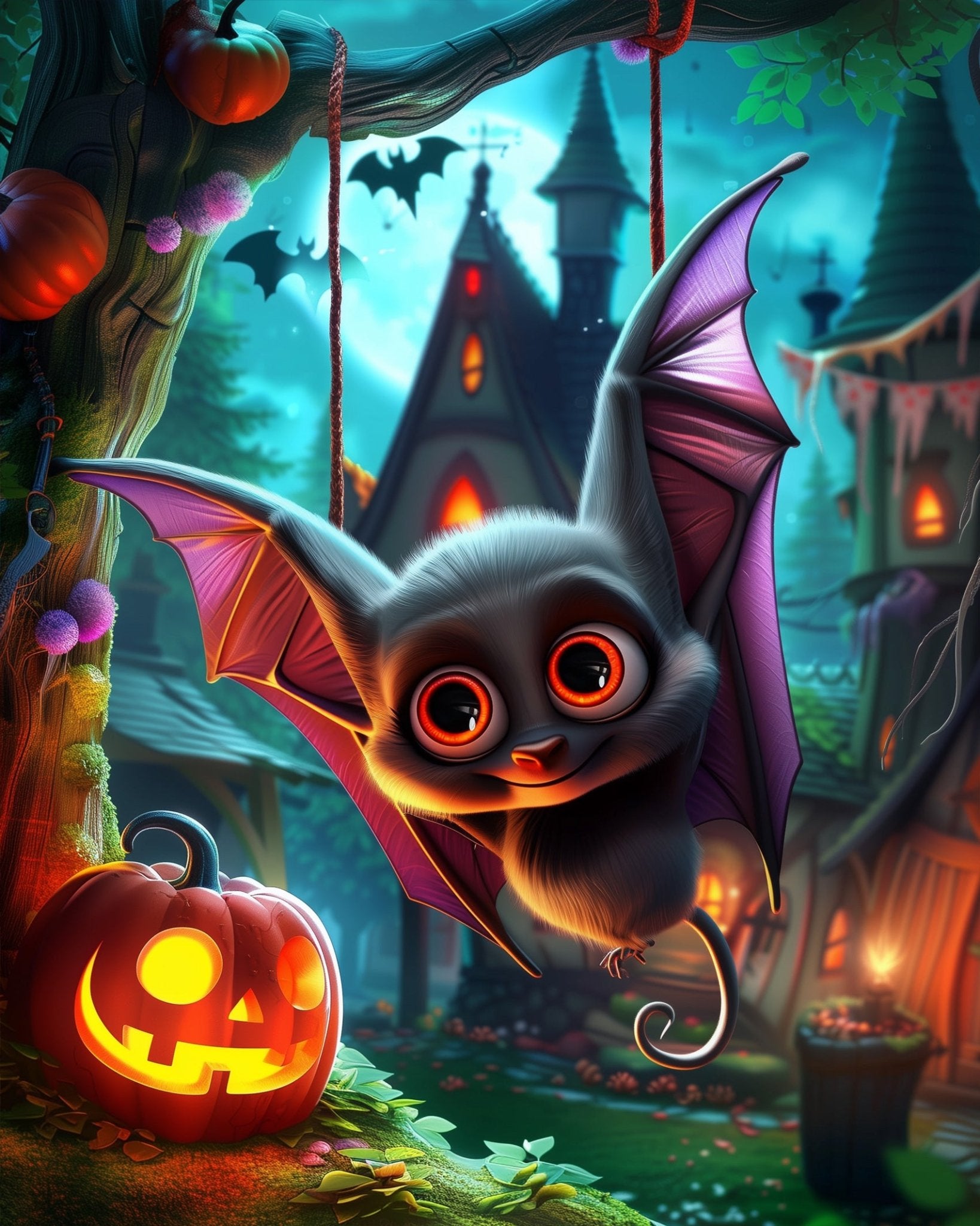 Fixed paint-by-number kit, 24 colors, 12x16in. Playful bat and pumpkin scene. Perfect for stress relief. BestPaintByNumbers.