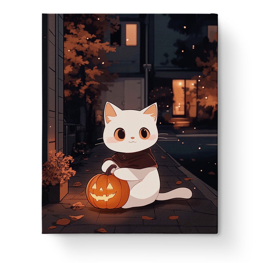 Cute Cat with Jack - o' - Lantern - Halloween - BestPaintByNumbers - Paint by Numbers Custom Kit