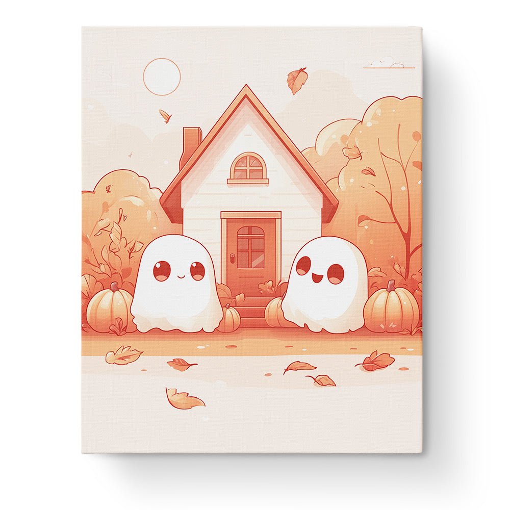 Cute Ghost Duo at Cozy Cottage - Halloween - BestPaintByNumbers - Paint by Numbers Custom Kit