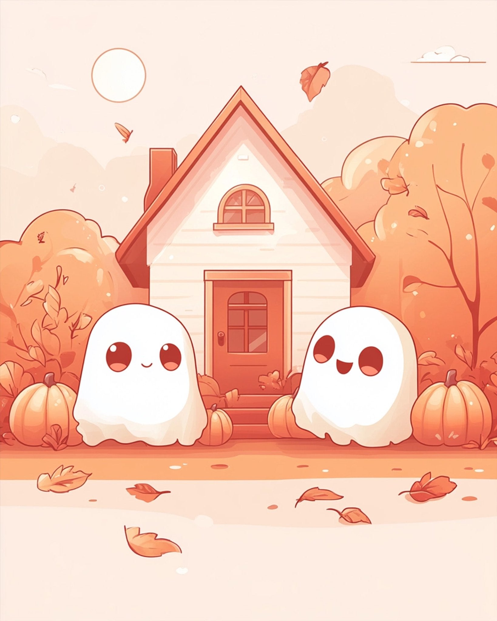 Cute Ghost Duo at Cozy Cottage - Halloween - BestPaintByNumbers - Paint by Numbers Custom Kit