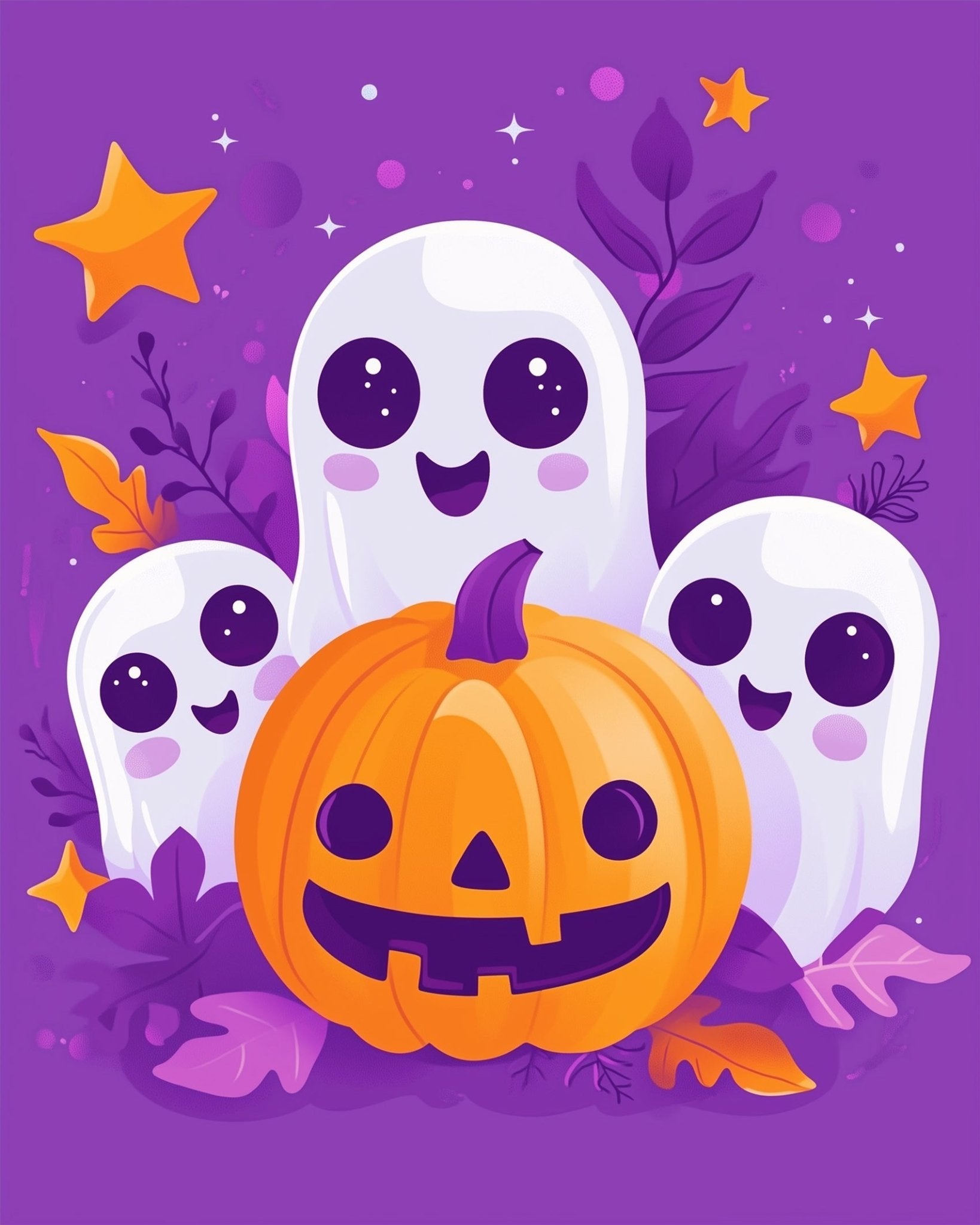 Cute Ghost Trio with Pumpkin - Halloween - BestPaintByNumbers - Paint by Numbers Custom Kit