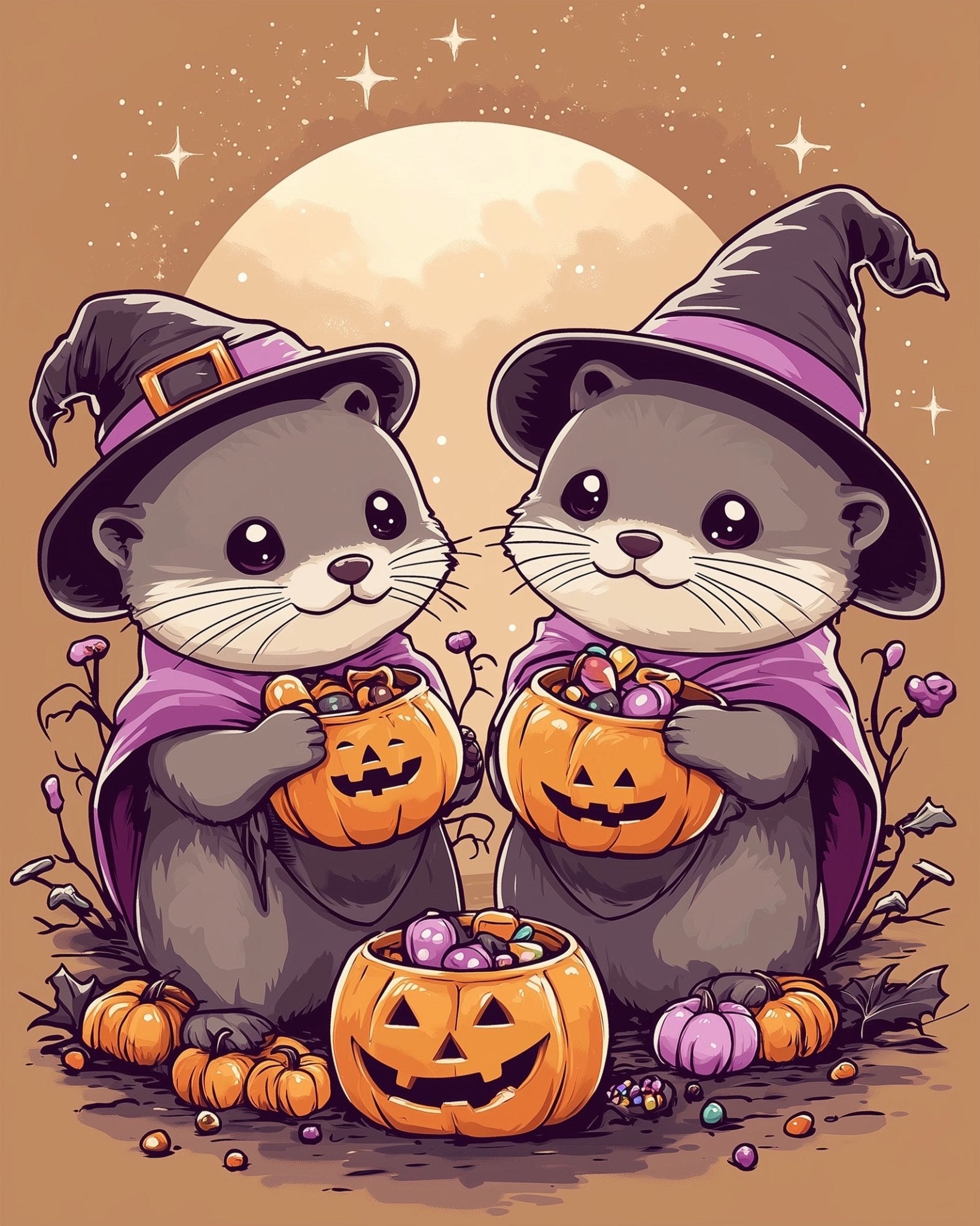 Cute Witch Otters Trick - or - Treat - Halloween - BestPaintByNumbers - Paint by Numbers Custom Kit