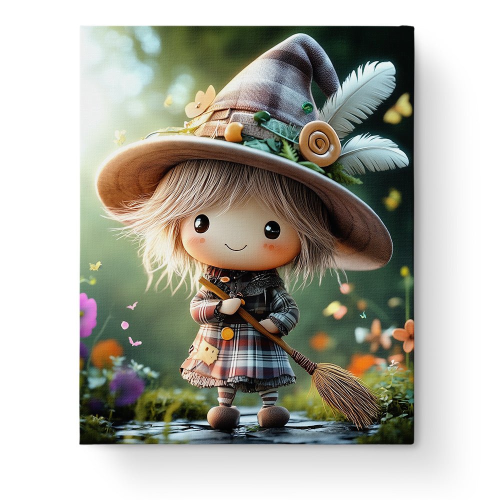 Cute Witch with Broom - Halloween - BestPaintByNumbers - Paint by Numbers Custom Kit