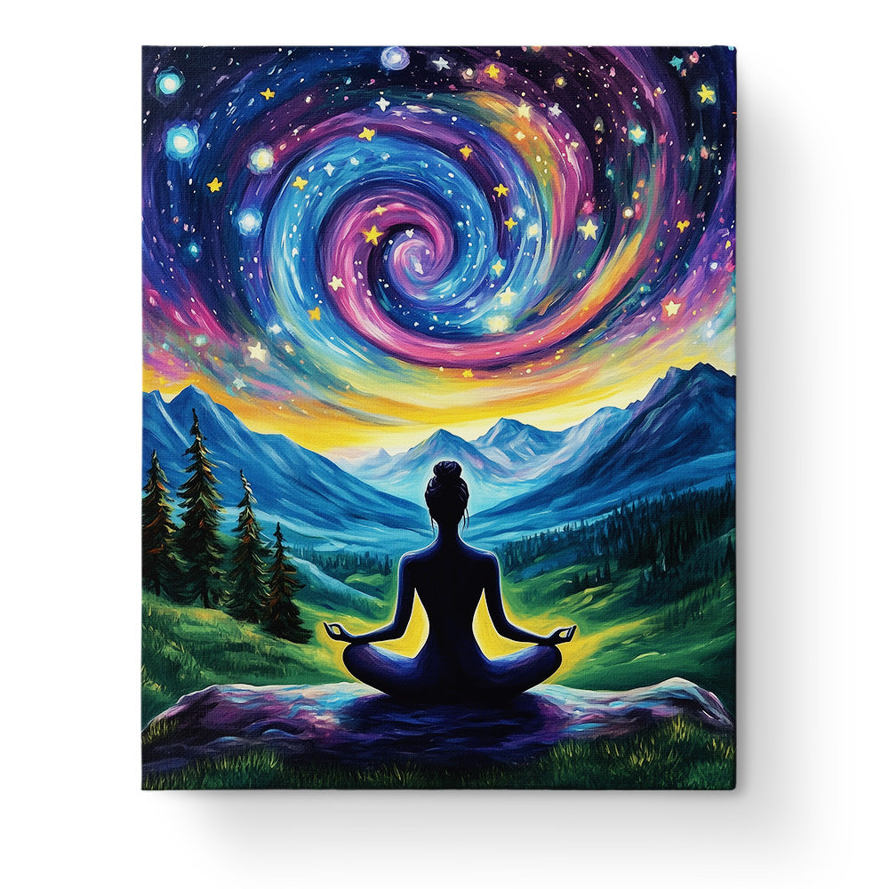 A cosmic landscape featuring a meditative figure beneath a swirling starry sky, by BestPaintByNumbers. Celestial colors emphasize relaxation and mindfulness.