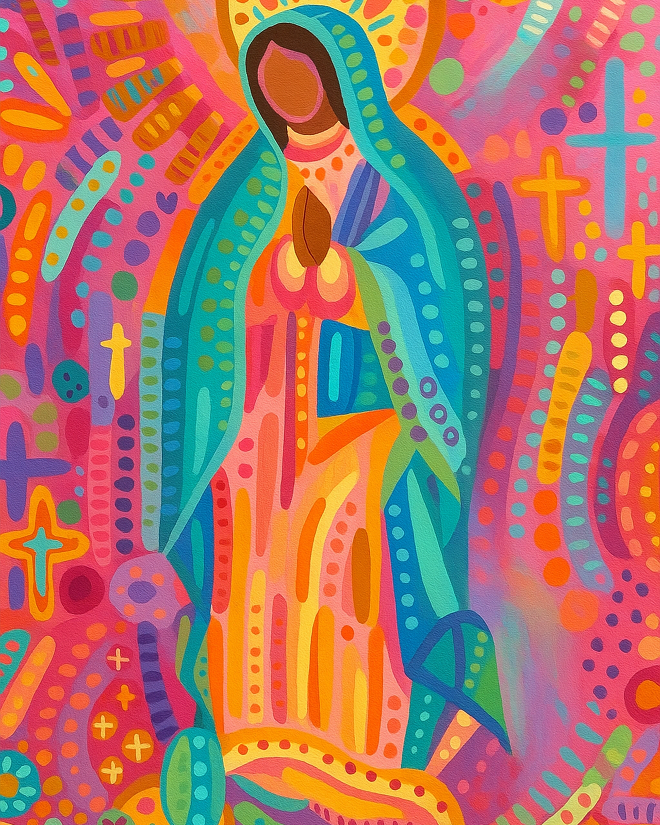 Dynamic depiction of Virgin of Guadalupe with bold colors, BestPaintByNumbers kit. Enhance stress relief and creativity with this engaging activity.