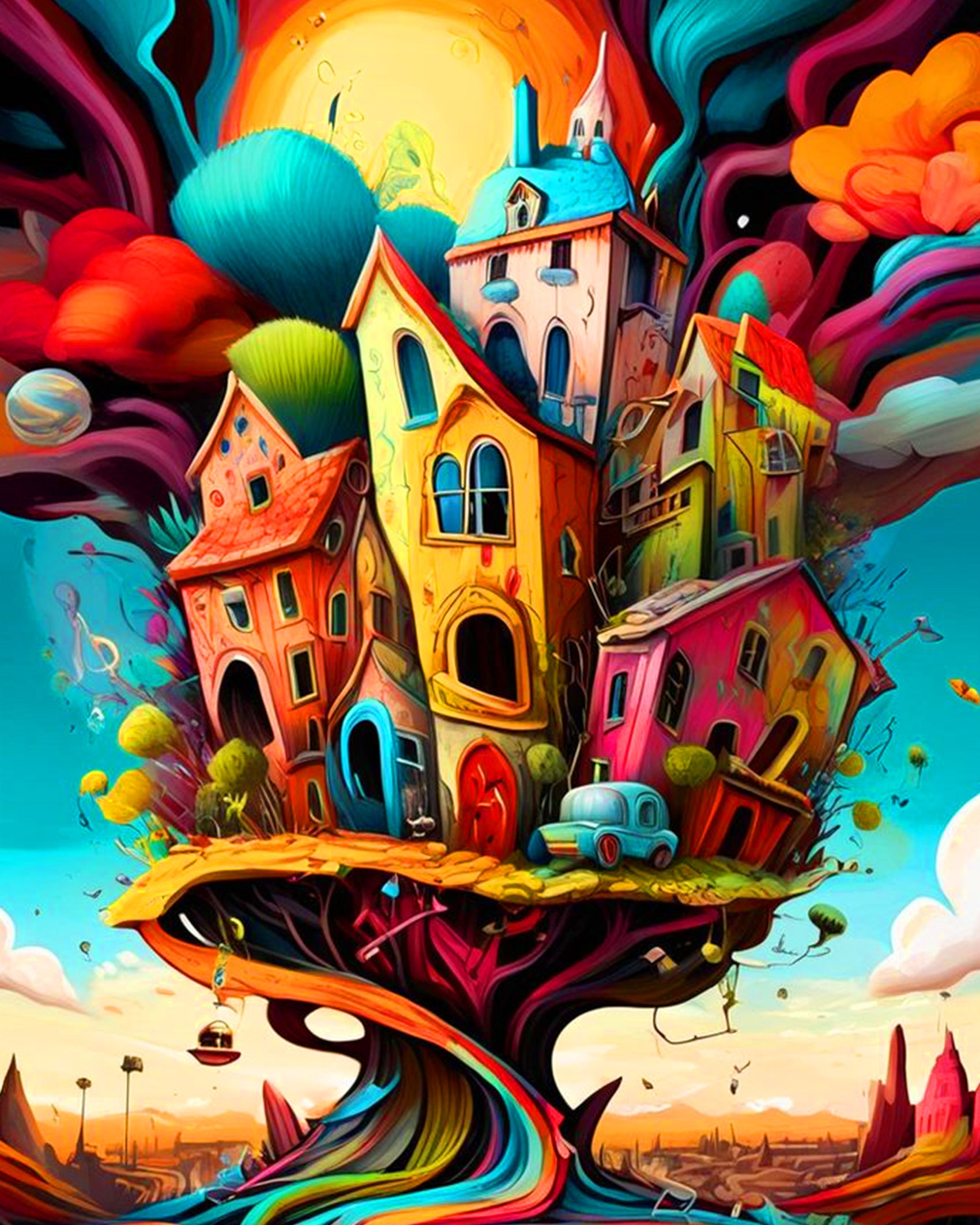 Surrealism paint by numbers fixed kit with whimsical treehouses and vivid hues, offering a calming, artistic journey by BestPaintByNumbers.