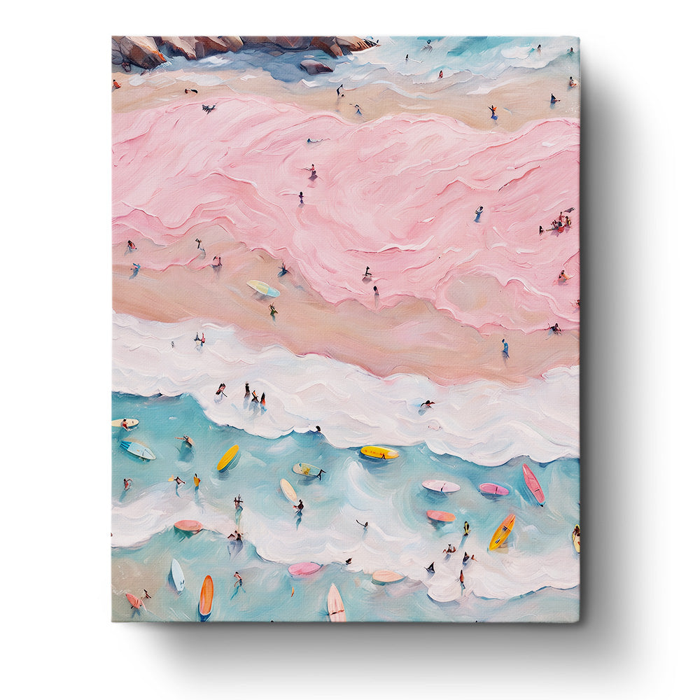 Pastel Beach and Surfers - Landscape by BestPaintByNumbers. The image features a sunny beach scene with colorful surfboards and soft pink sands, enhancing mindfulness and creative relaxation.