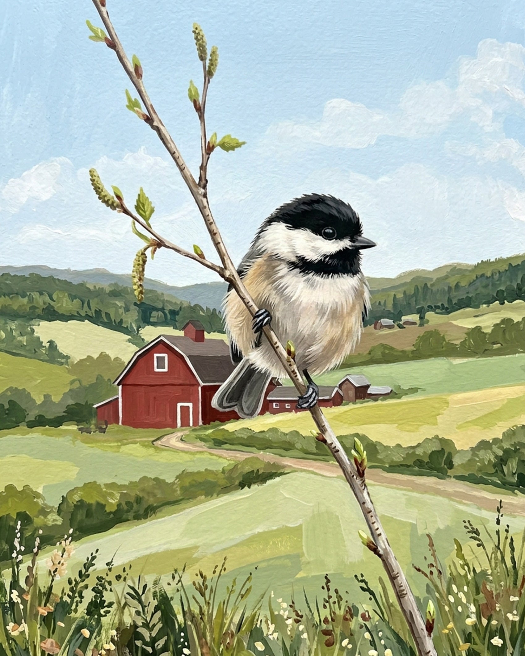 BestPaintByNumbers' Chickadee on a Branch showcases a calm rural scene, perfect for relaxation and creative meditation.