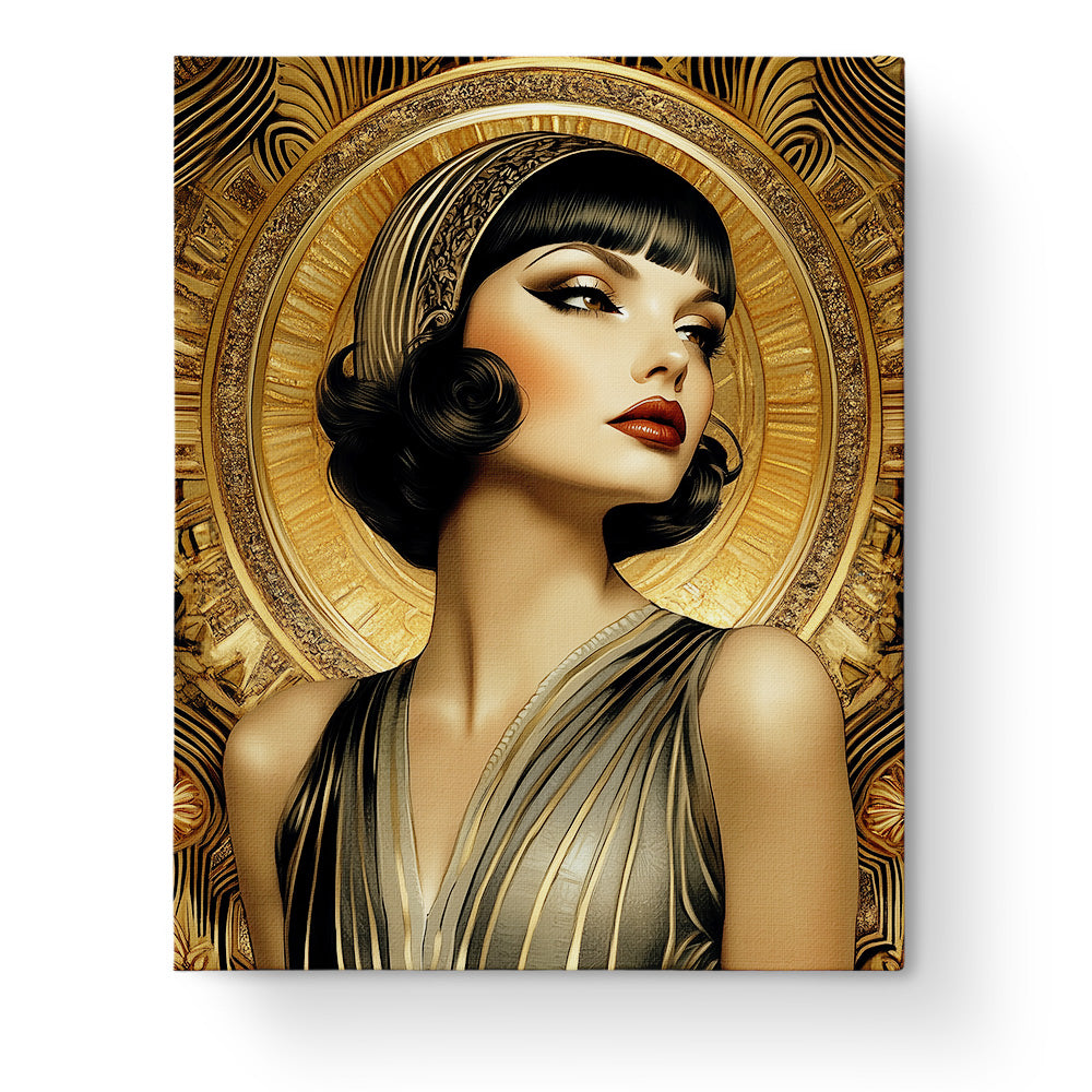 A striking Art Deco portrait featuring a sophisticated woman with dark curls and a golden halo, titled 'Gilded Glamour Portrait - Art Deco' by BestPaintByNumbers. Enhance creativity and mindfulness with this paint by numbers kit.