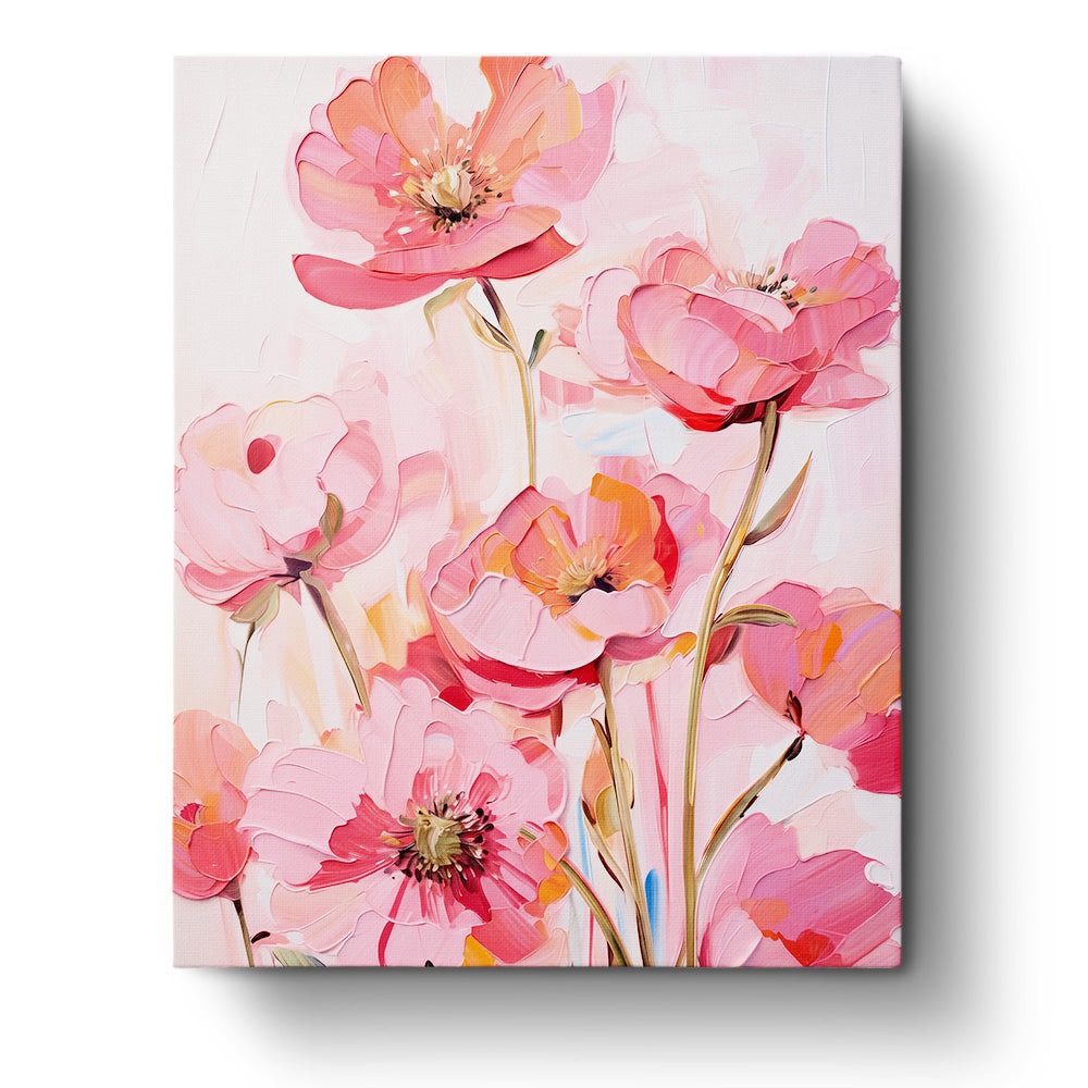 Vibrant pink blossoms in a paint by numbers kit by BestPaintByNumbers. Soft pink and red tones emphasize mindfulness and creativity.