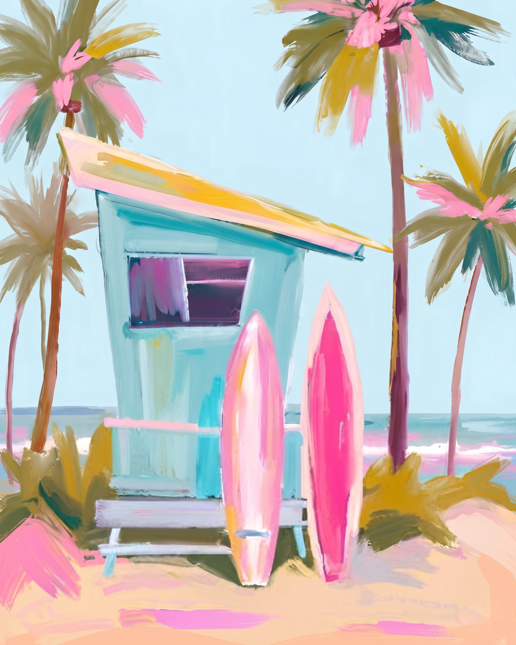 Tropical beach scene with a surf shack and palm trees by BestPaintByNumbers. Perfect for relaxing and expressing creativity.