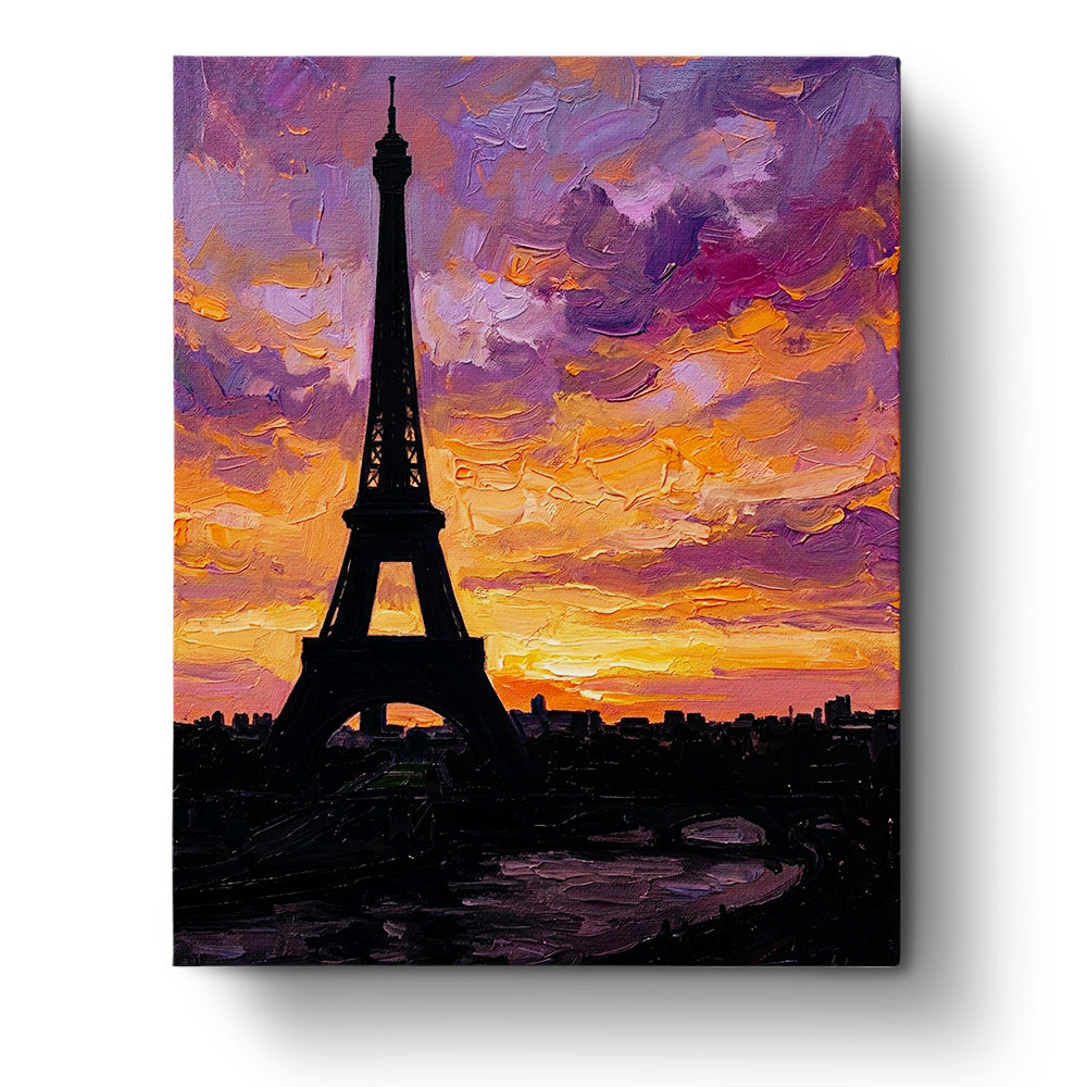 Eiffel Tower silhouetted against a vibrant sunset sky, from BestPaintByNumbers. Capture the calming essence and dynamic colors with this fixed paint by numbers kit.